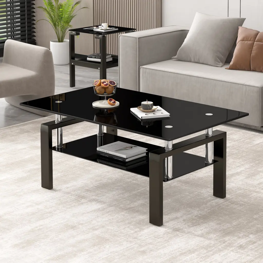 Tempered Black Glass Coffee Table 2 Layers Transparent Glass Top rnb