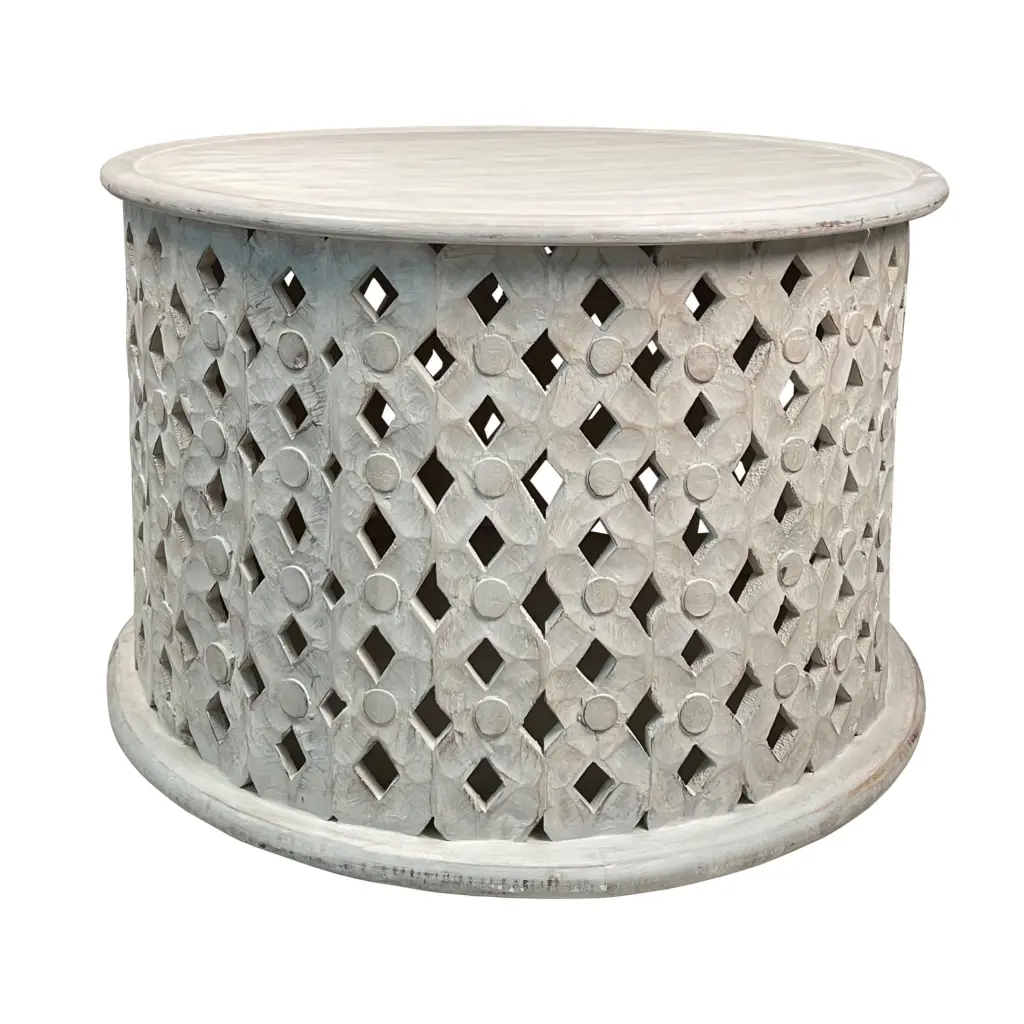 28 Inch Round Mango Wood Coffee Table Intricate Diamond Lattice Design royal hampton