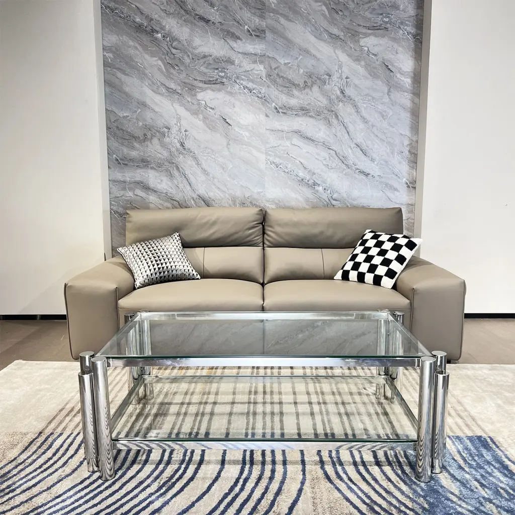 Silver Stainless Steel Double Layer Clear Tempered Glass Coffee Table t2949