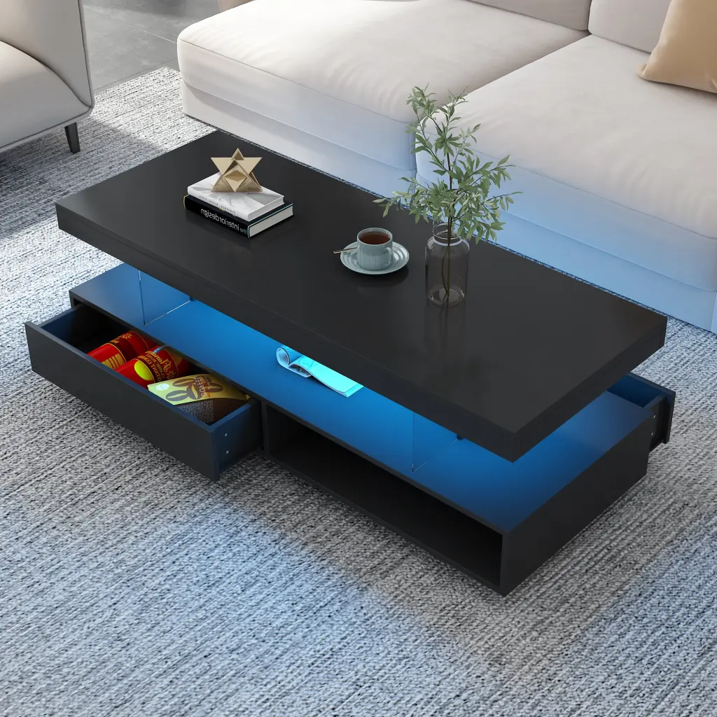 LED Coffee Table Storage Modern Center Table 2 Drawers Living Room u-can