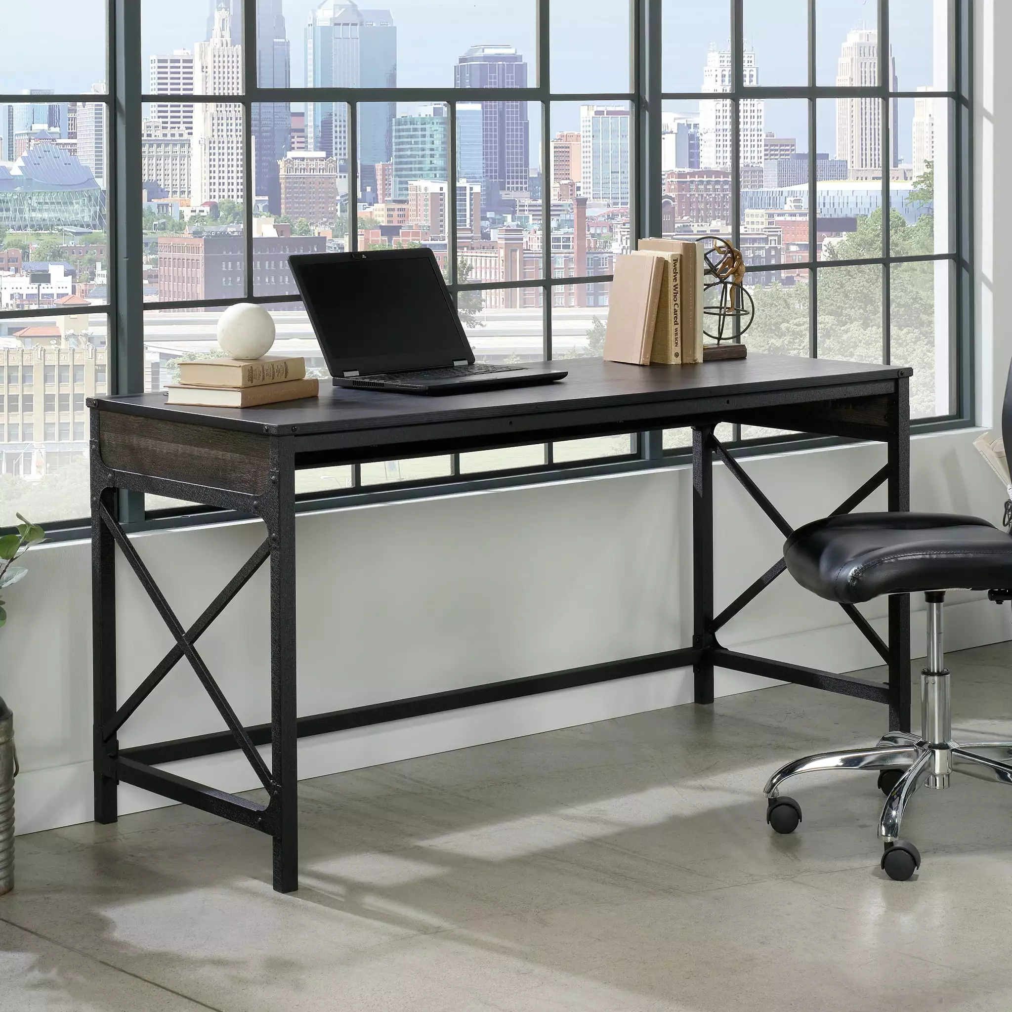 Worksense Sauder 59x24 Commercial Office Desk Carbon Oak Finish