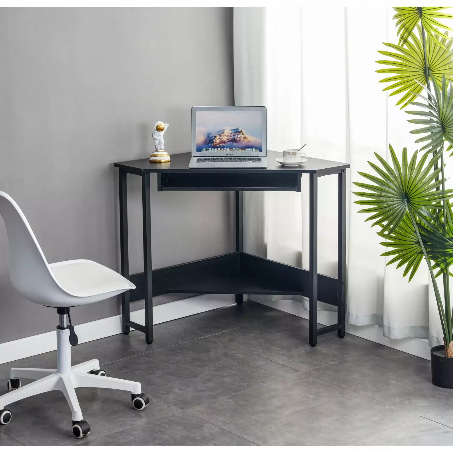 Black Triangle Corner Computer Desk - Compact Workstation Keyboard Tray and Storage Shelves HATNOKIL