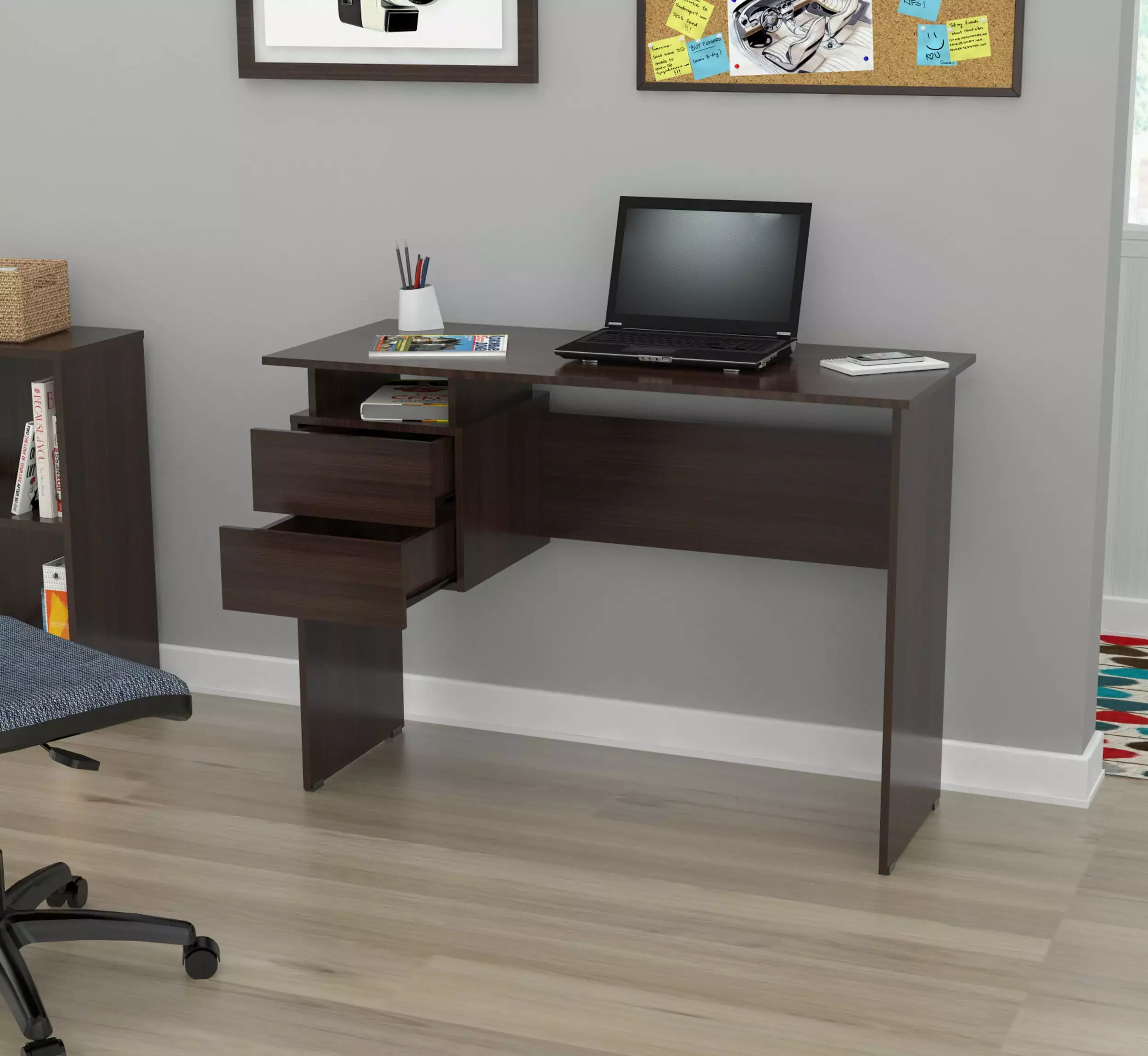 Writing Desk Two Drawers - Melamine Engineered Wood Compact Study Table Small Spaces HomeRoots