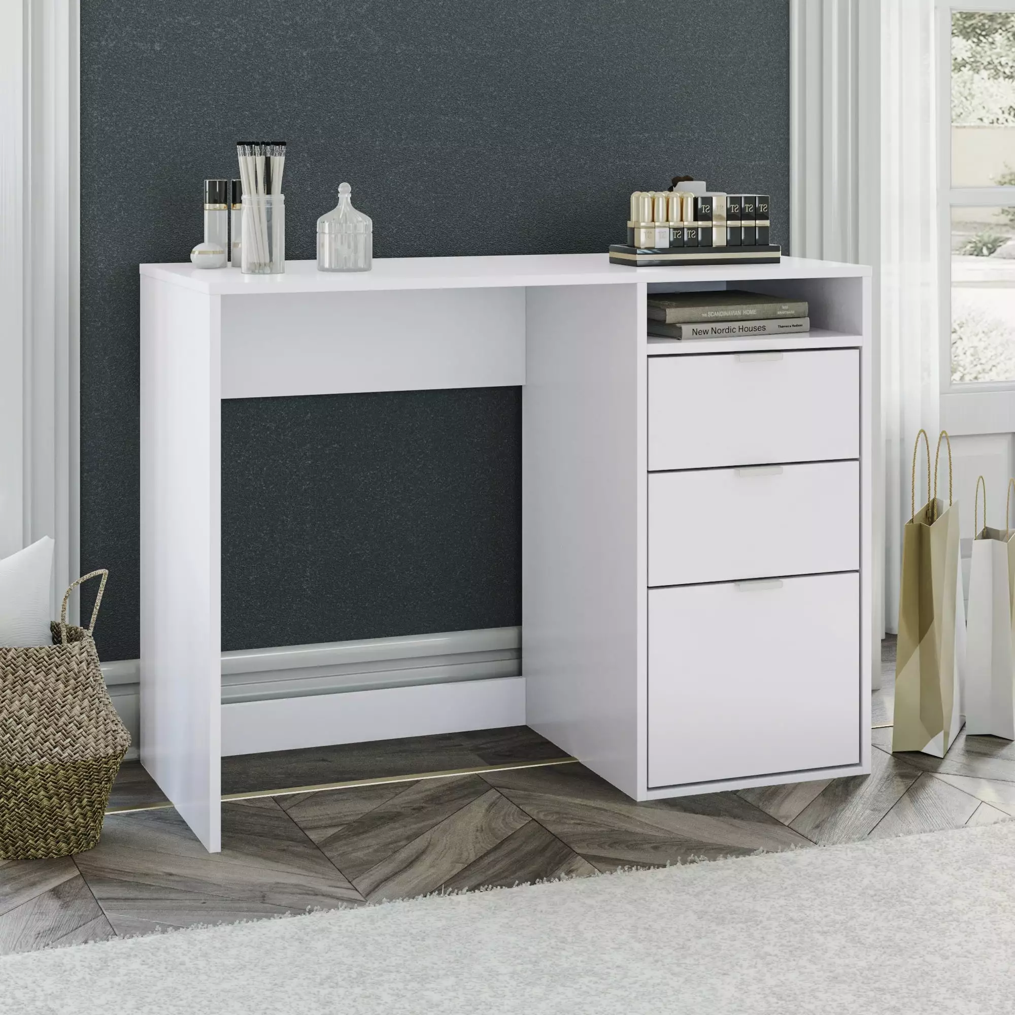 Fresno 3 Drawer Computer Desk Storage Niche White Finish K1 International Group