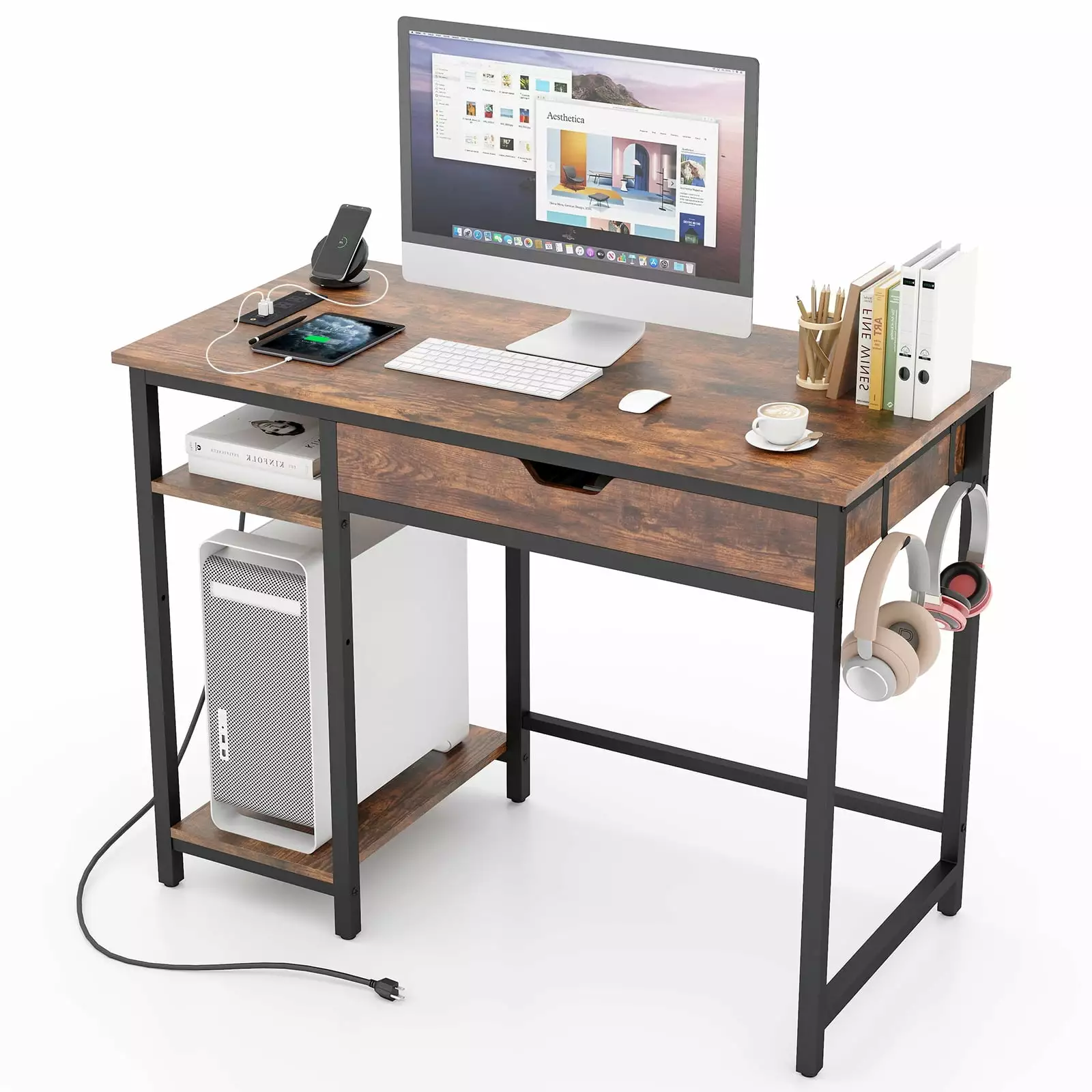 Topbuy 40 Inch Computer Desk Charging Station Drawer Adjustable Shelf and Headphone Hooks