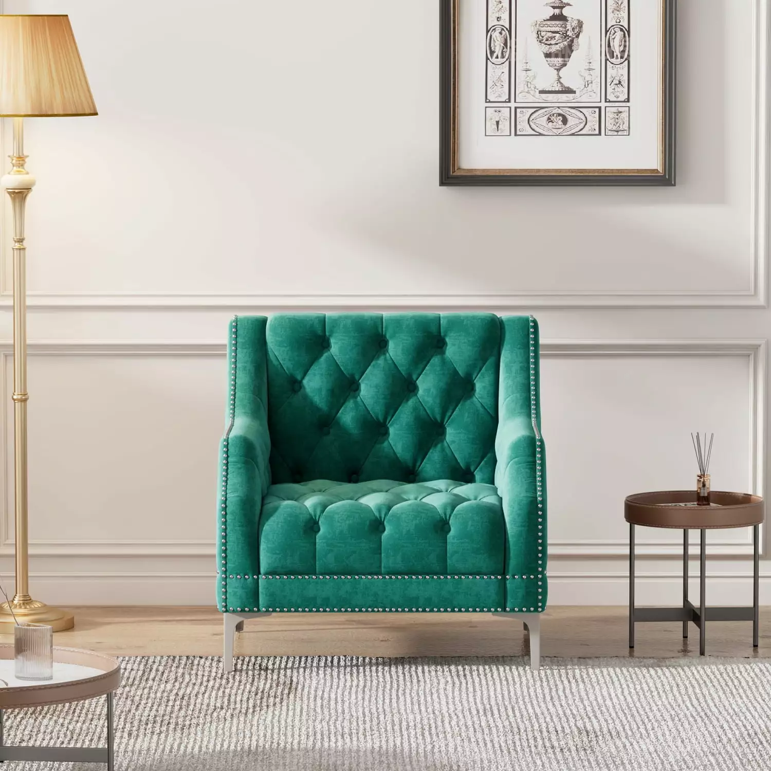 33.5 Compact Green Sofa Dutch Plush Button Tufted Design and Metal Legs Small Spaces Ponnky