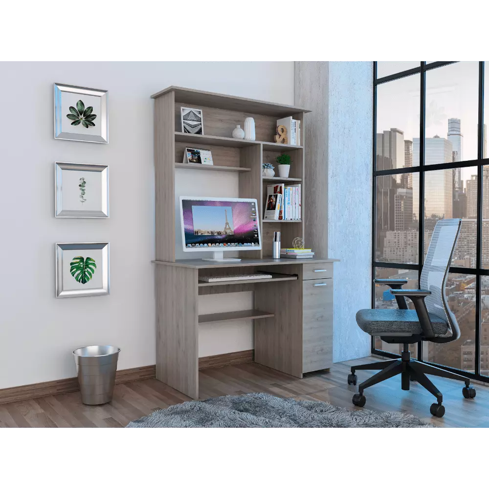 CoSoTower 180 Hutch Desk Multiple Shelves, Keyboard Tray, CPU Panel, and One Drawer Light Gray - Compact Office Desk