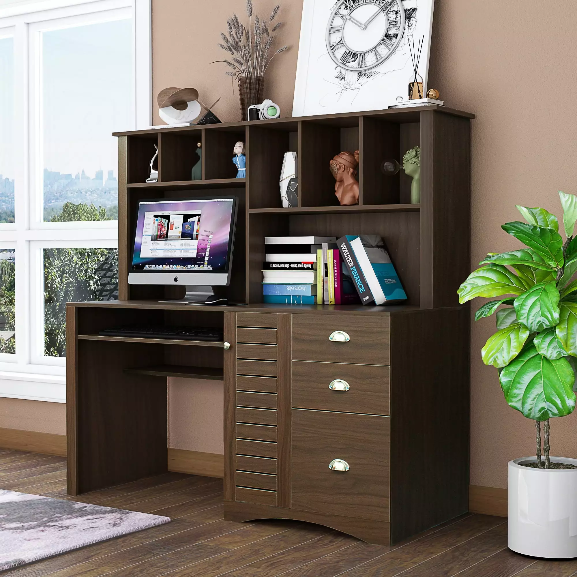 GeeHome Home Office Computer Desk Hutch Walnut Finish - Spacious Workstation