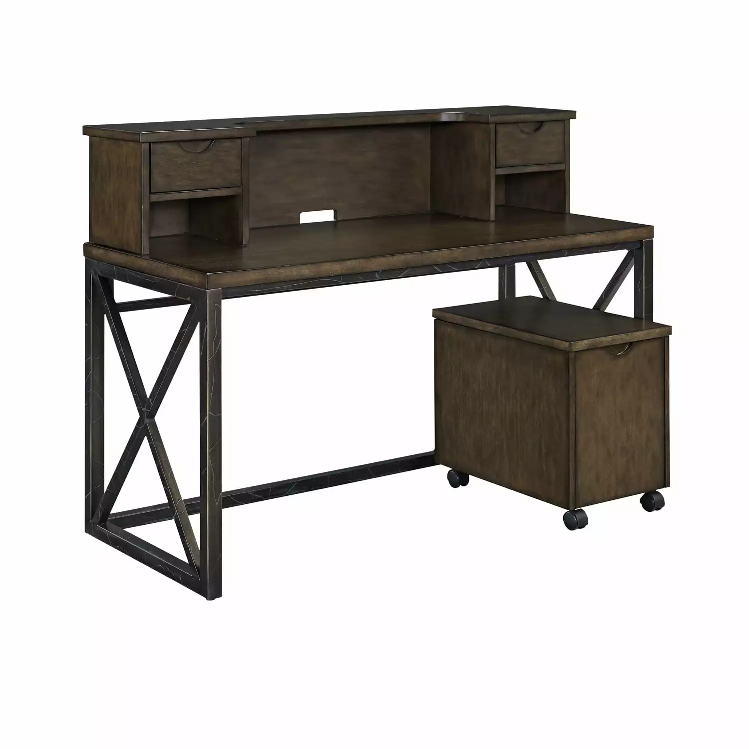 Homestock Antique Brown Wood Desk Hutch and File Cabinet - Vintage Style