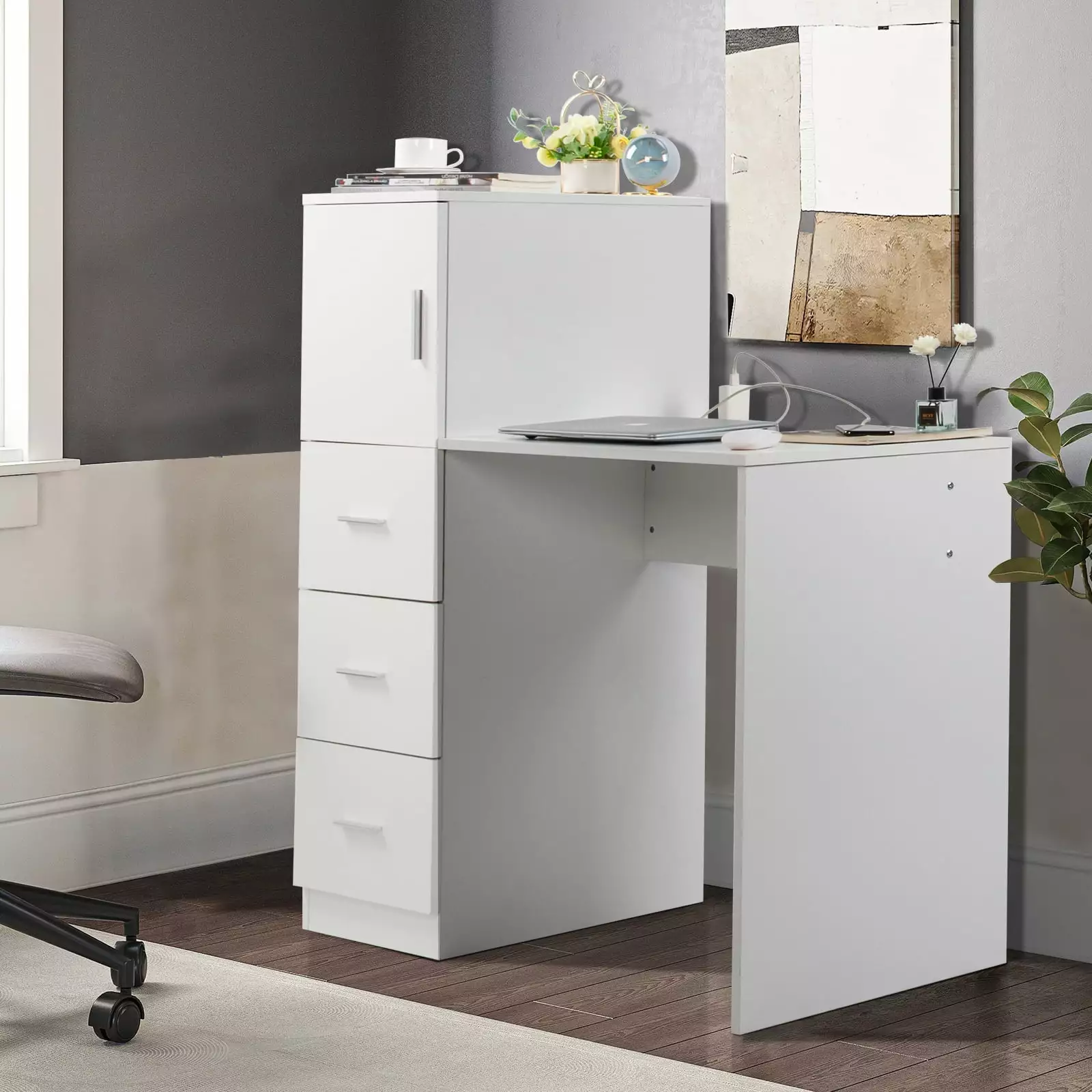 GoDecor Computer Desk 2 Power Outlets USB Study Writing Table 5 Drawers White FCH