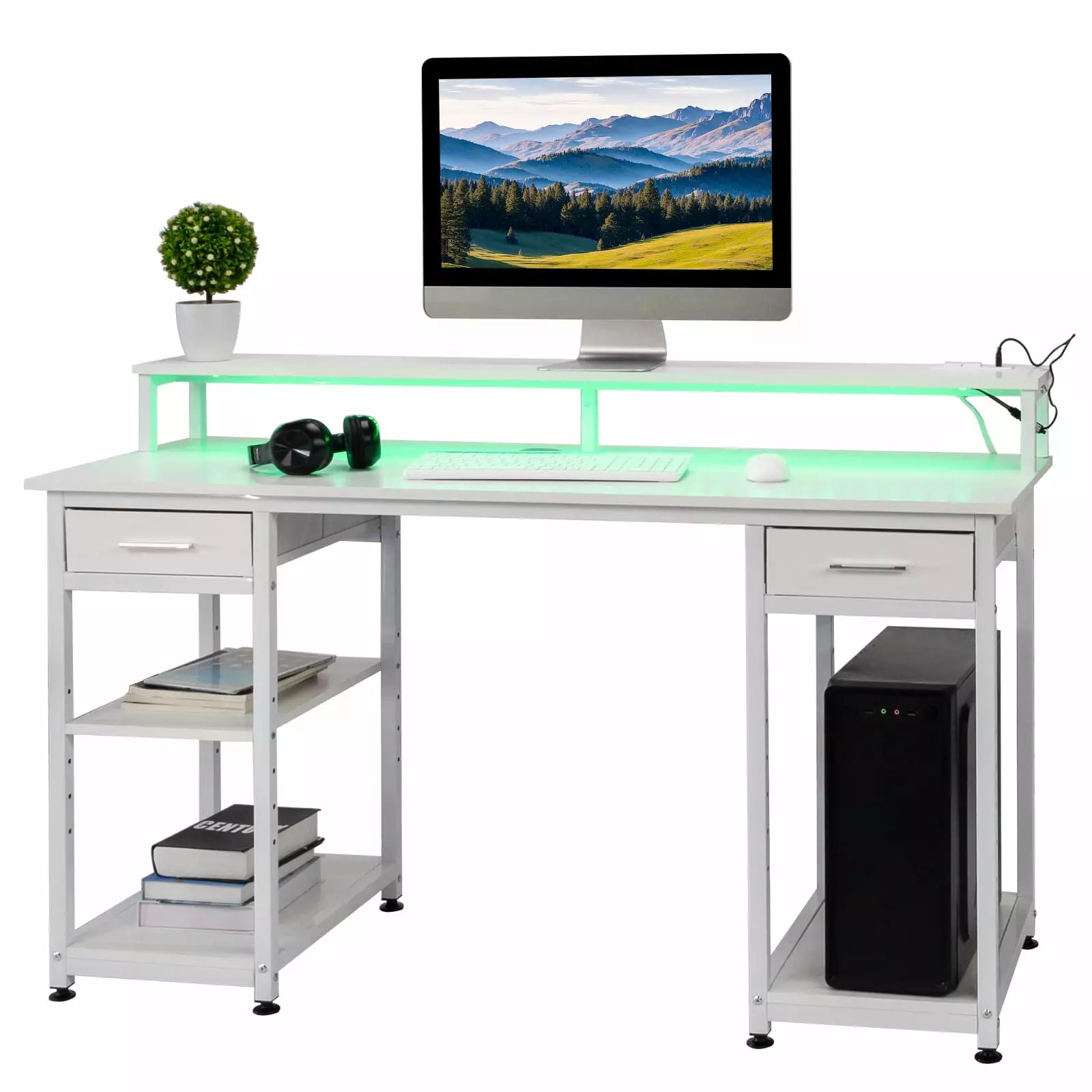 Zimtown Computer Desk 2 Power Outlets USB Adjustable Lighted Writing Table 2 Drawers 3 Shelves White FCH
