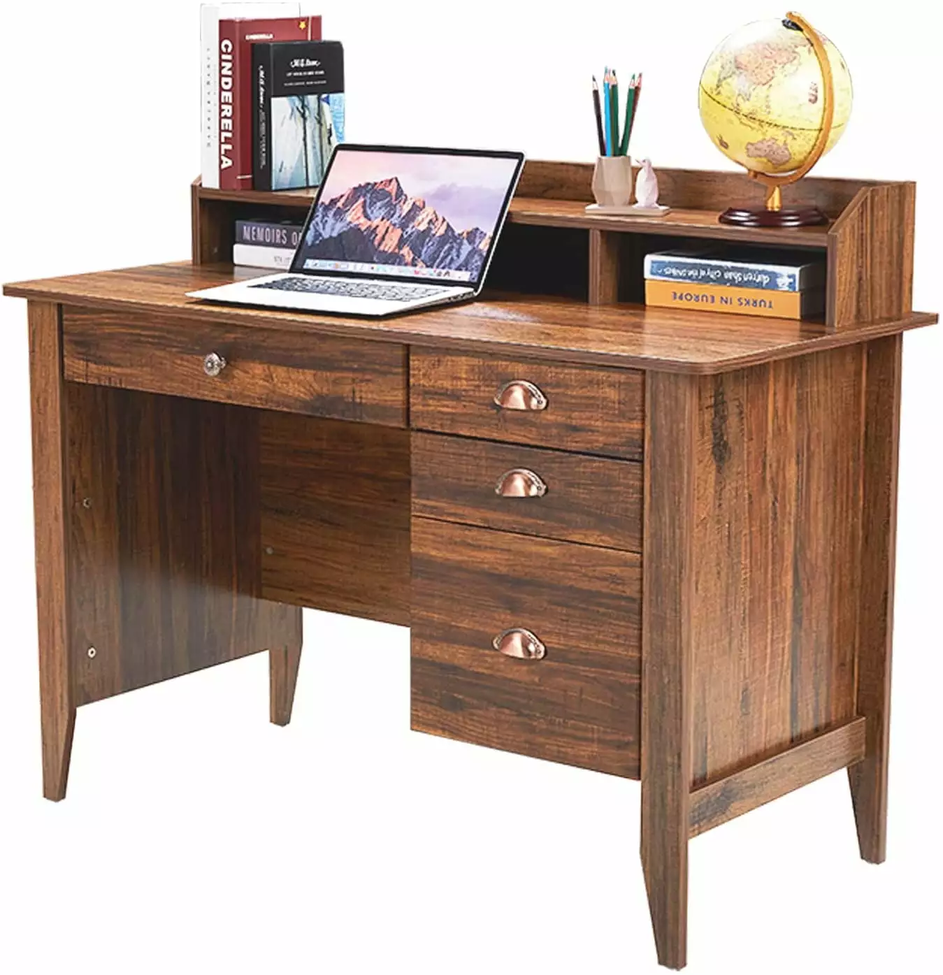 Homfa 47 Rustic Brown Computer Desk 4 Drawers and Hutch Shelf