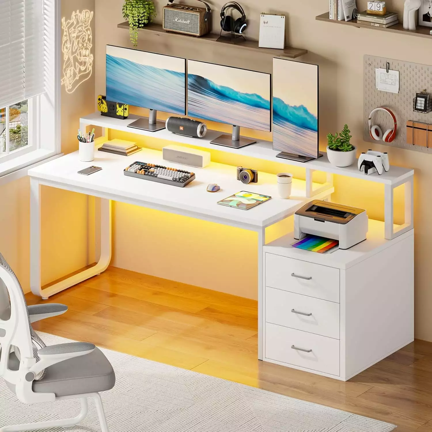 Computer Desk 3 Drawers Storage 67 Inch White Desk LED Light Monitor Stand 4 Ever Winner