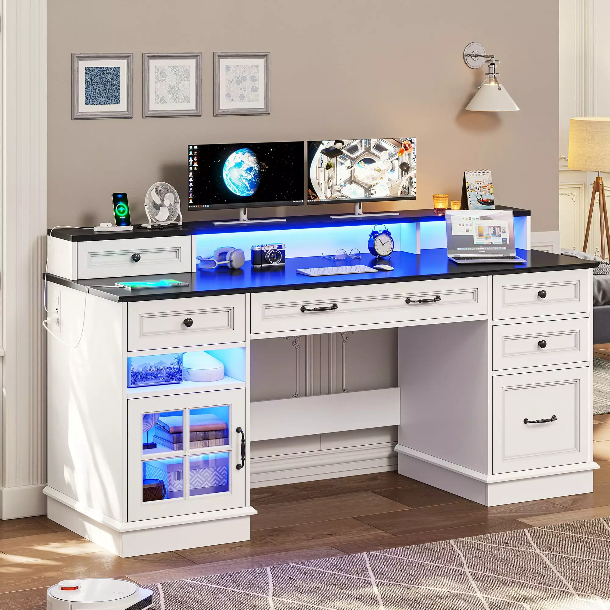 Afuhokles 59 Inch Farmhouse Office Desk 5 Drawers & Charging Station - White