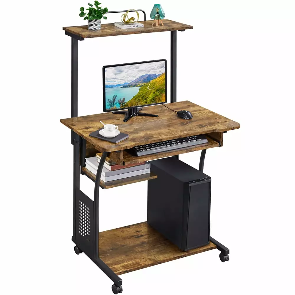 Alden Design 3 Tiers Wooden Computer Desk Printer Shelf Rustic Brown