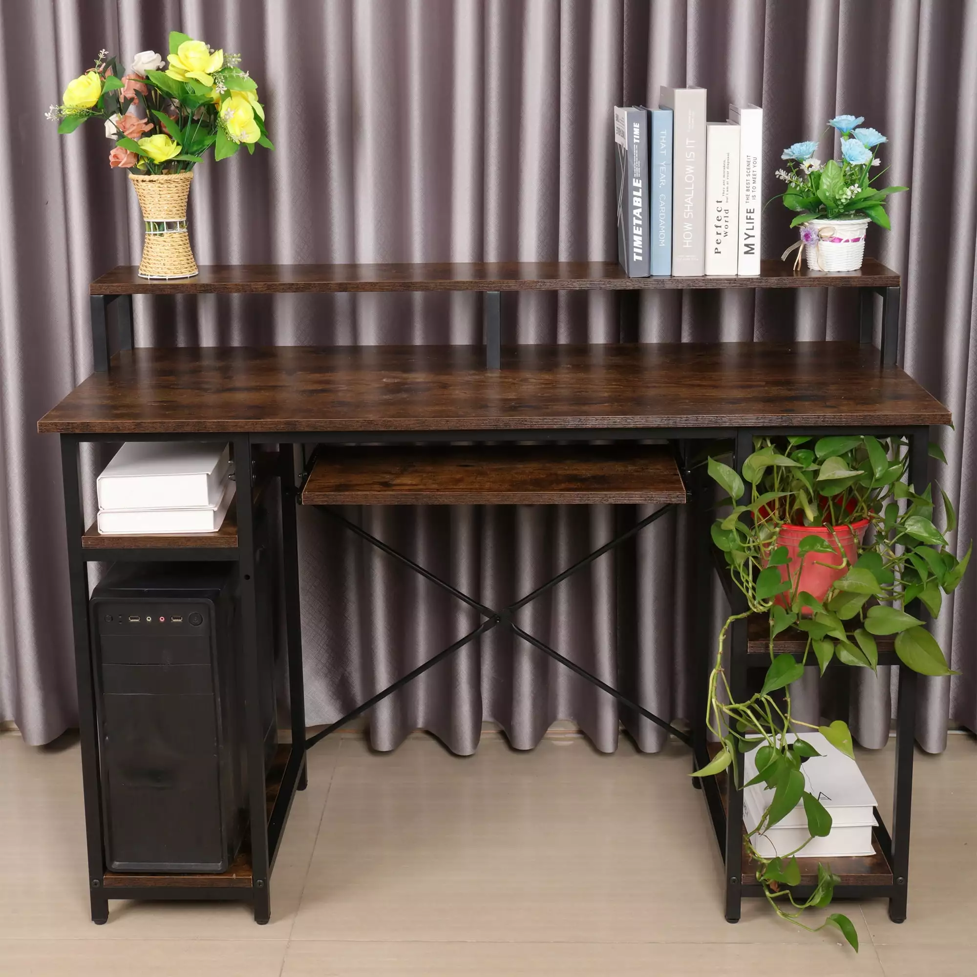 Study Writing Table Computer Desk Storage Shelves Monitor Stand Keyboard Tray Home Office Aligoa