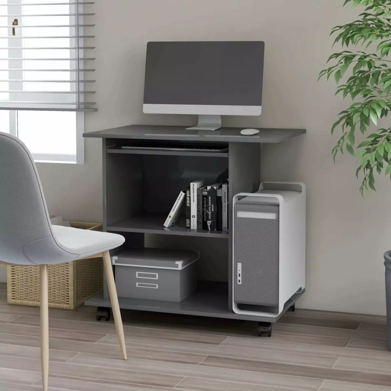 Anself Computer Desk Keyboard Tray and CPU Tower Writing Table Engineered Wood Wheeled Workstation High Gloss Gray Home Of...