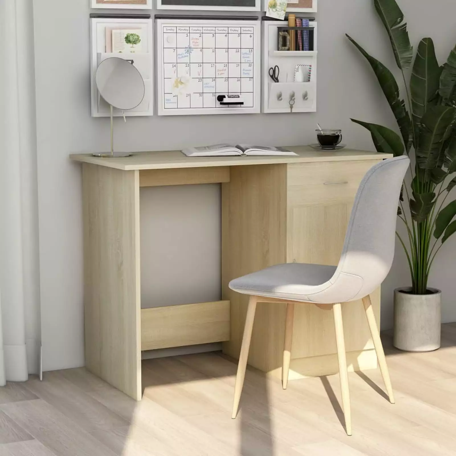 Anself Computer Desk Storage Drawer and Door Cabinet Sonoma Oak Home Office