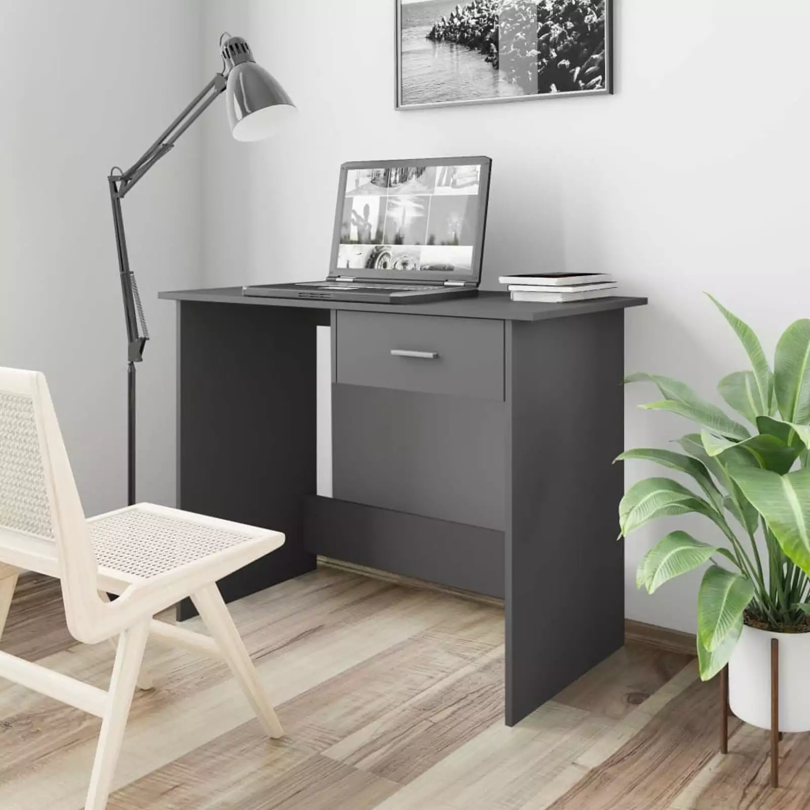 Anself Computer Desk Storage Drawer Writing Desk Engineered Wood Gaming Table Home Office Gray