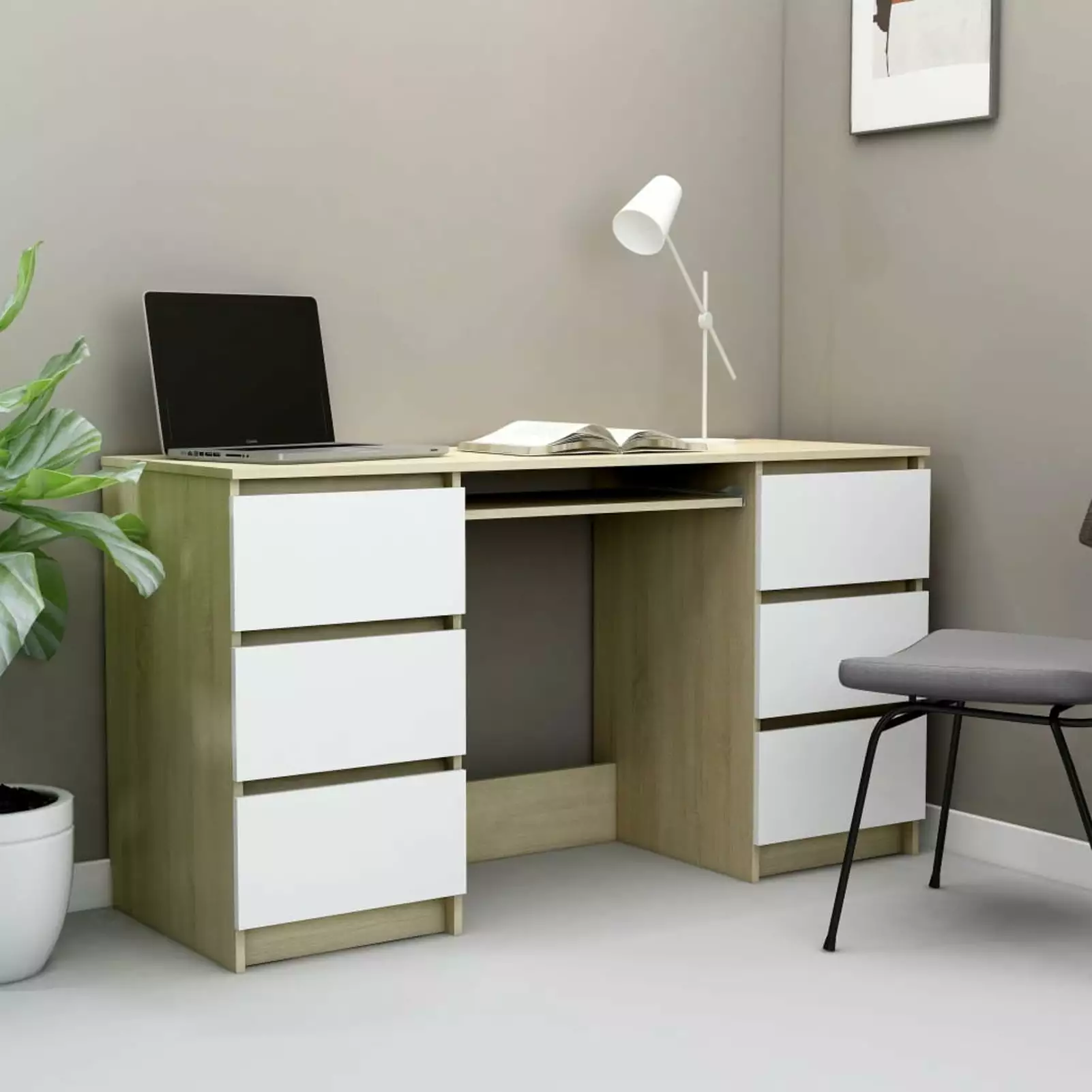Anself Modern Computer Desk 6 Storage Drawers White Sonoma Oak 55.1 Inch