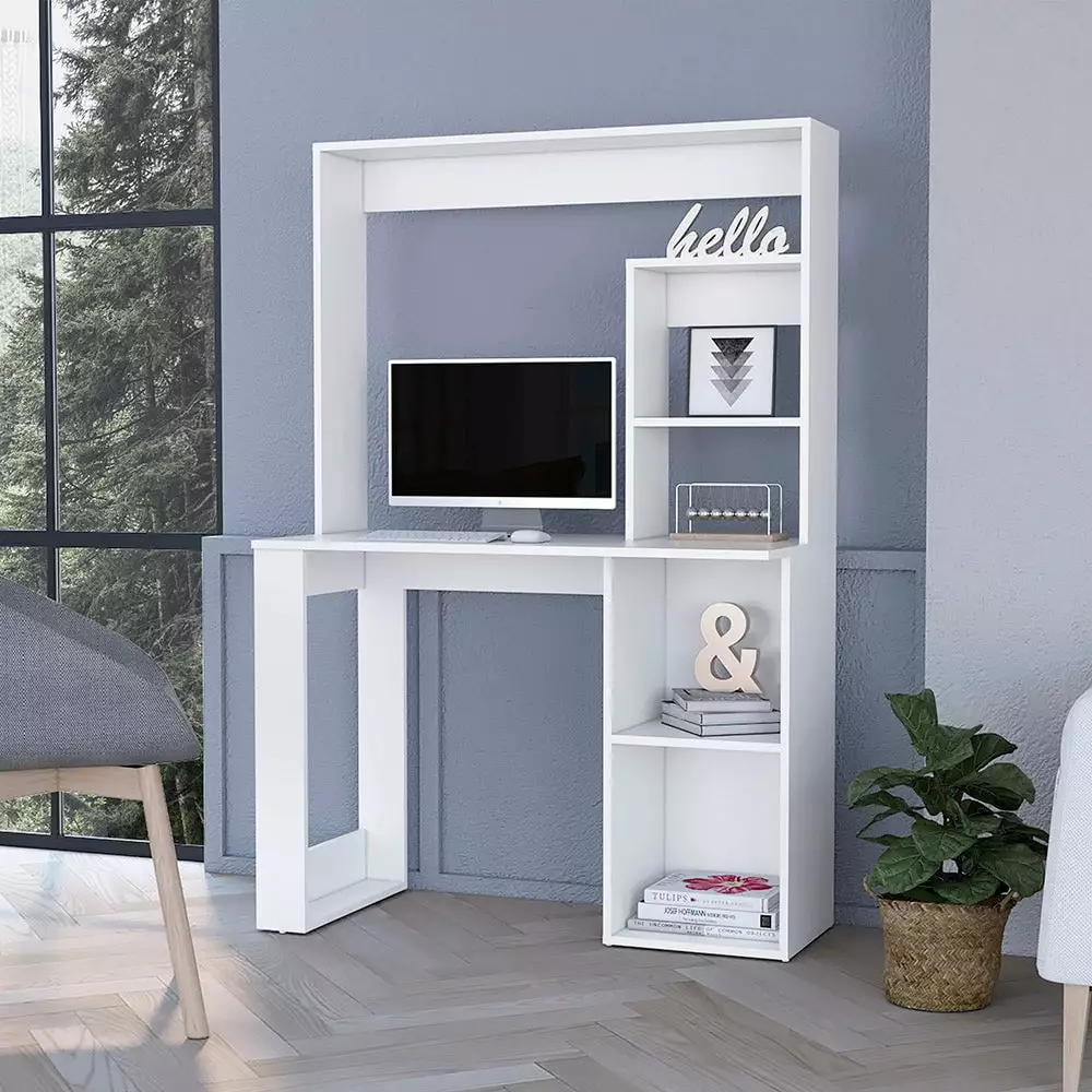 Computer Desk Hutch and Storage Shelves - White Home Office Desk Space Saving Design ARCTICSCORPION