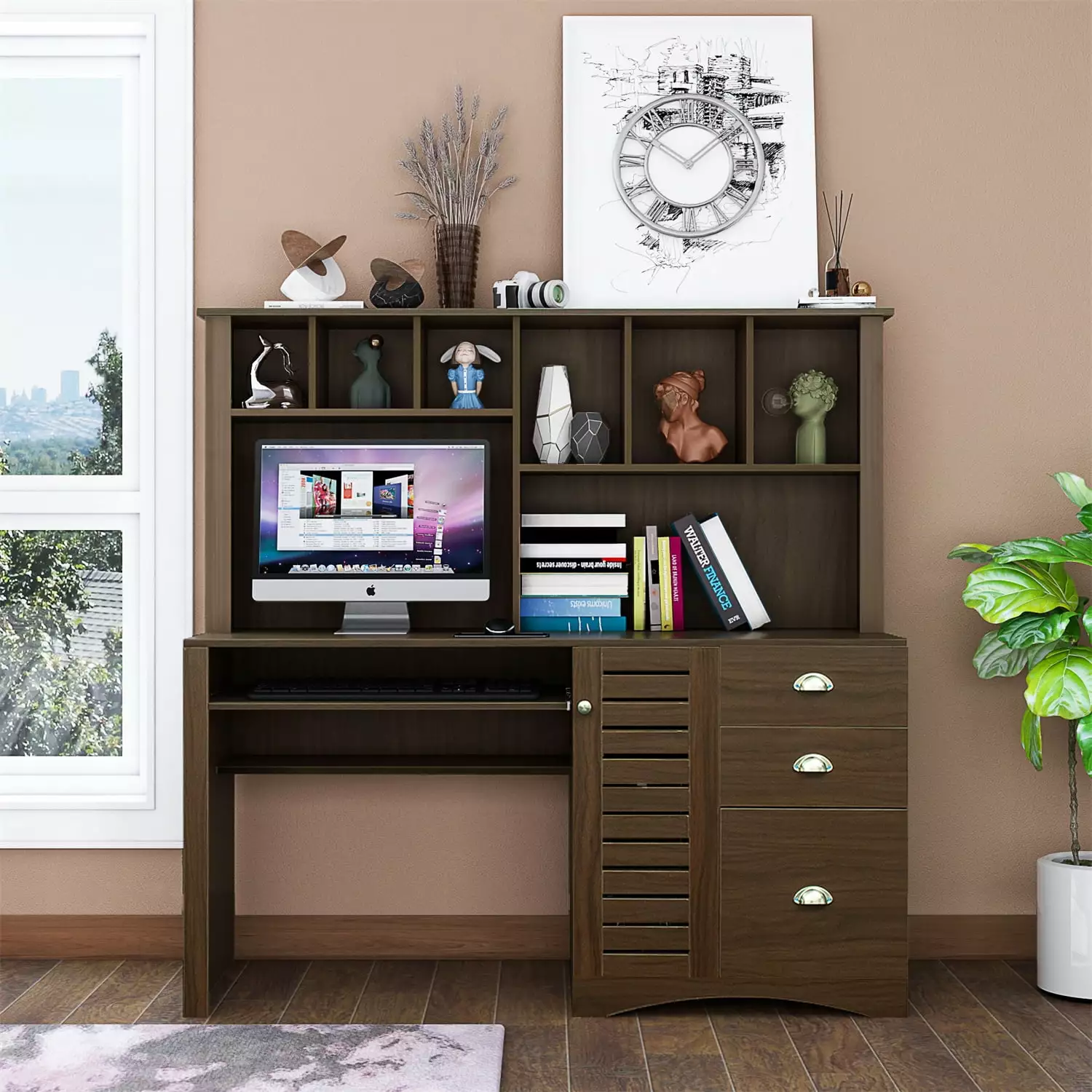 59 Inch Wood Home Office Computer Desk Hutch - Small Space Workstation Storage Drawers ARCTICSCORPION