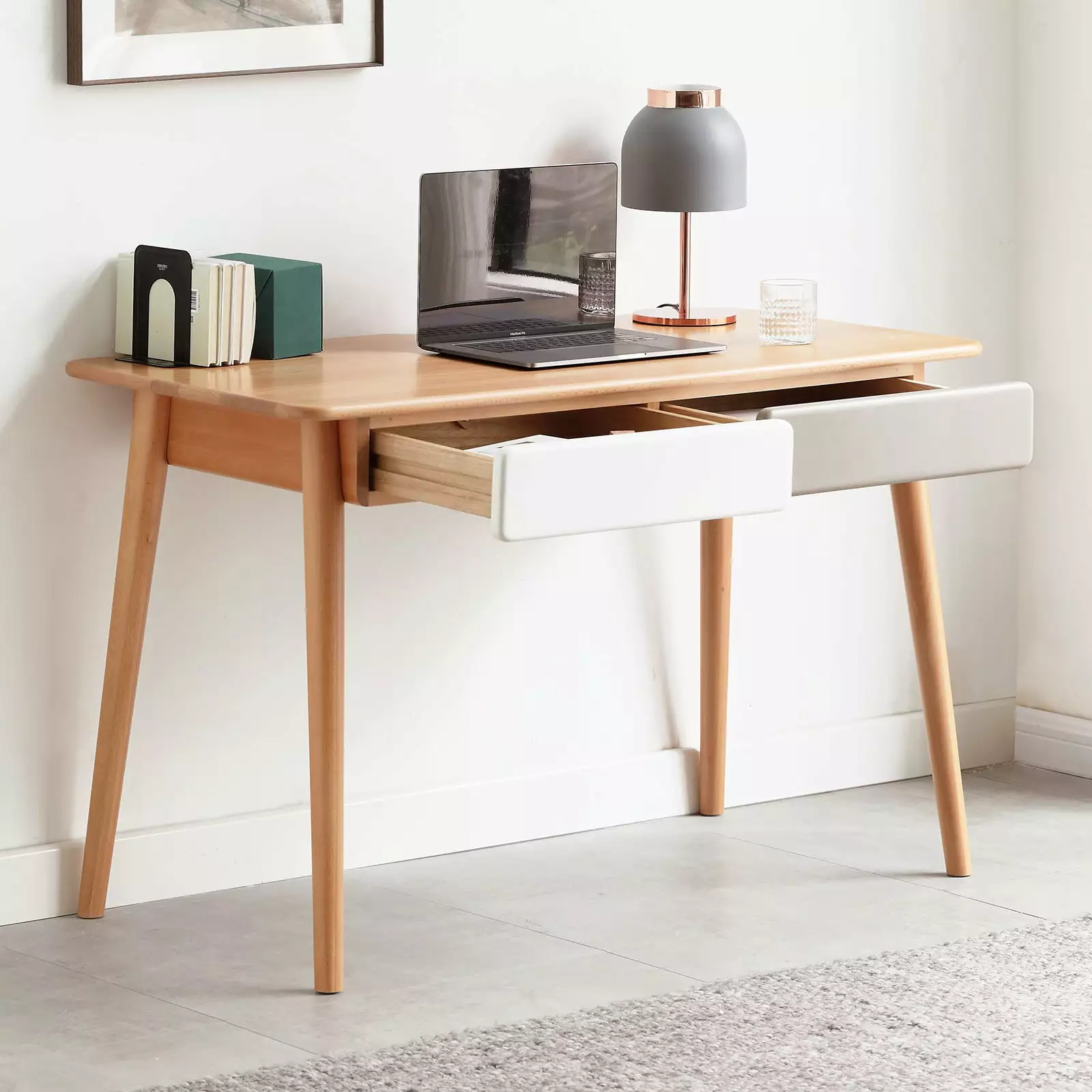Solid Wood Computer Desk 48 Writing Desk Office Desk 2 Drawers Modern Simple Style ARCTICSCORPION