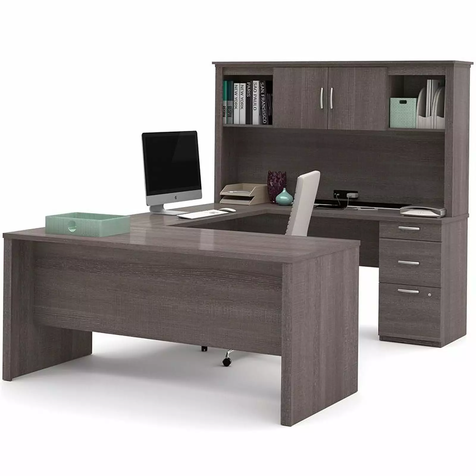 Atlin Designs Modern Wood U Shape Computer Desk Hutch Bark Gray Home Office