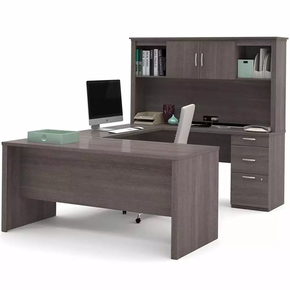 Atlin Designs Modern Wood U Shape Computer Desk Hutch Bark Gray