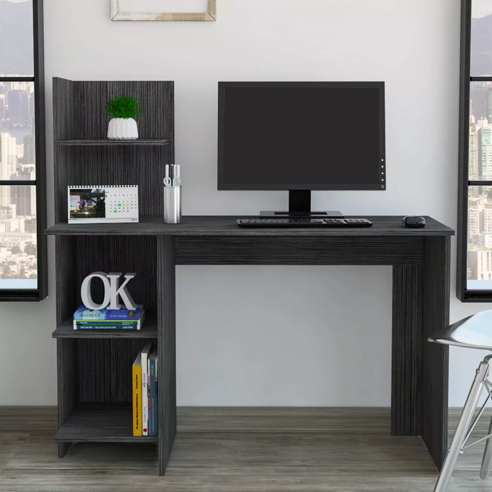 Aukfa 47 Inch Gray Computer Desk 4-Tier Storage Shelves Home Office