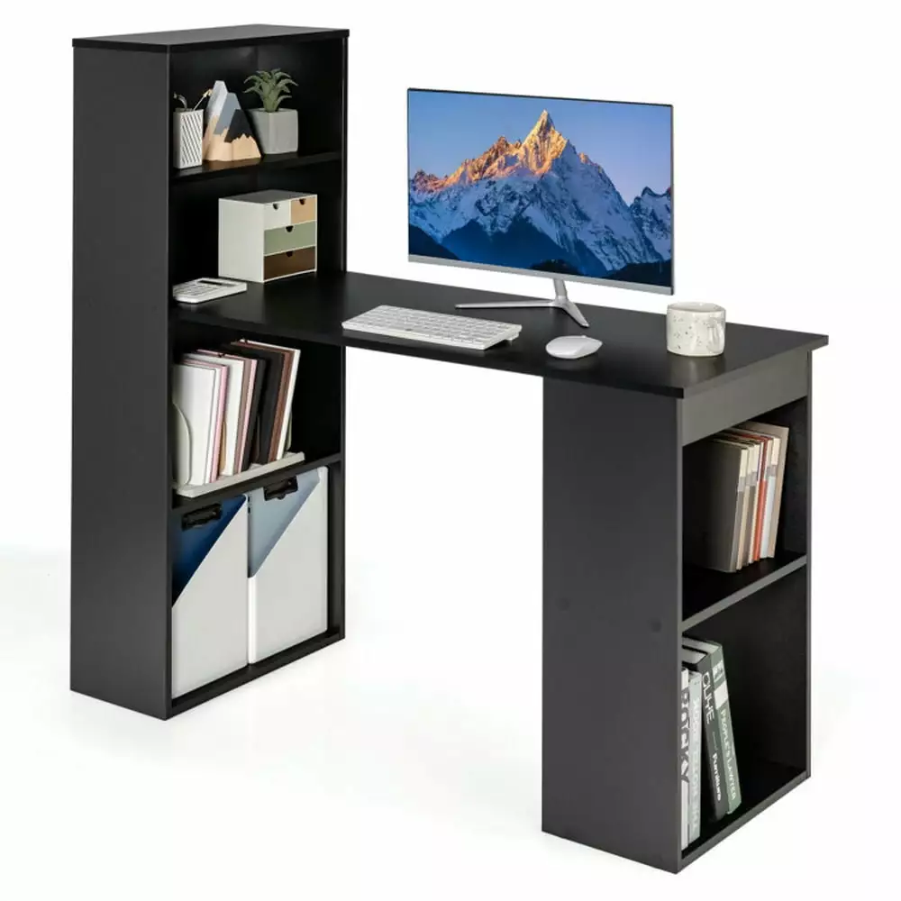 Barara King Black Computer Desk 6-Tier Storage Shelves - Home Office Study Writing Gaming Workstation