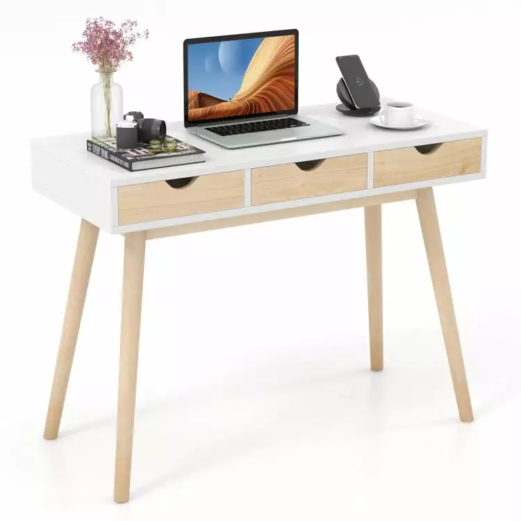 Barara King Computer Desk Office Writing Work Study Desk 3 Drawers Solid Rubber Wood Legs