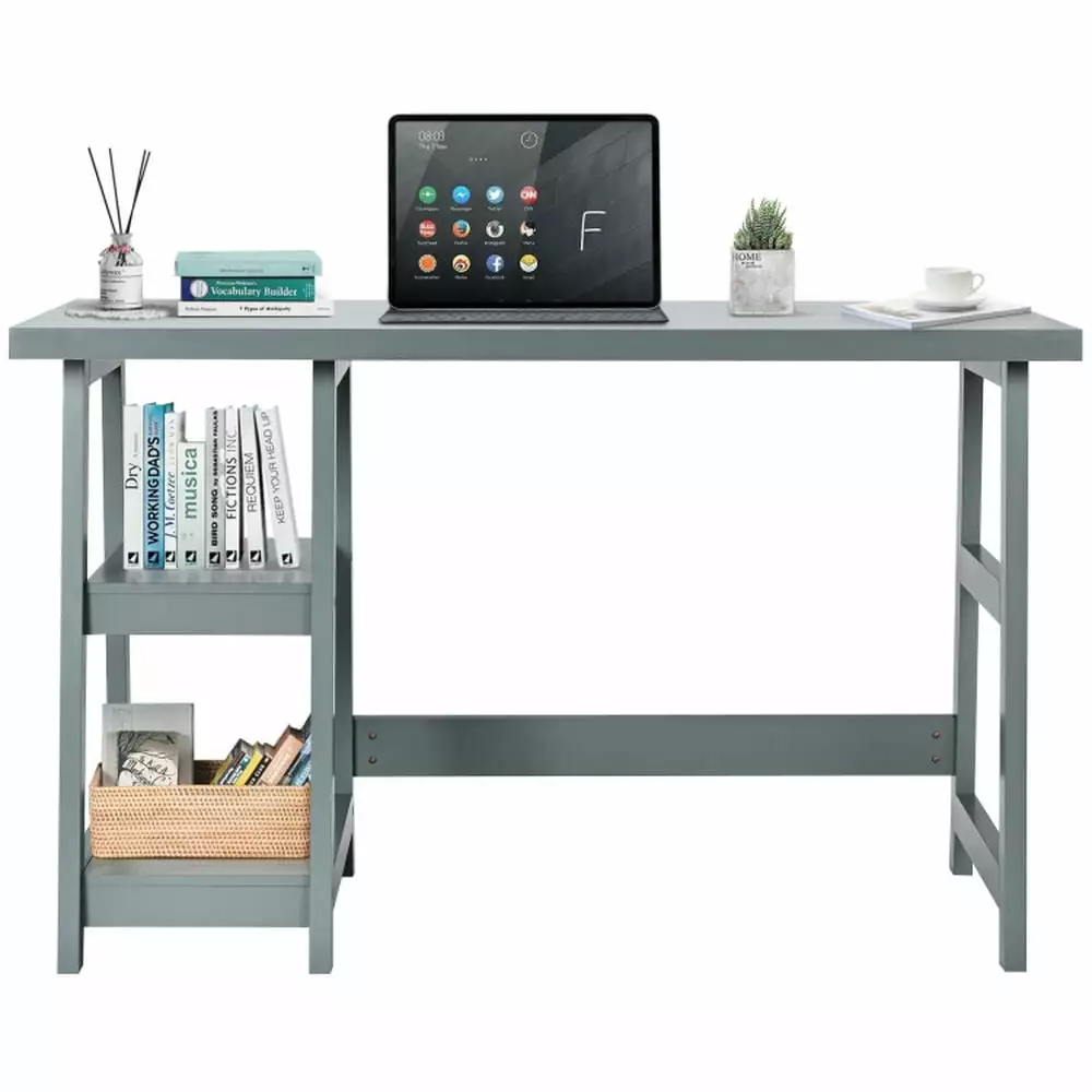 Barara King Computer Desk - Wooden Trestle Office Desk 2-Tier Removable Shelves - Gray Writing Work Study Table