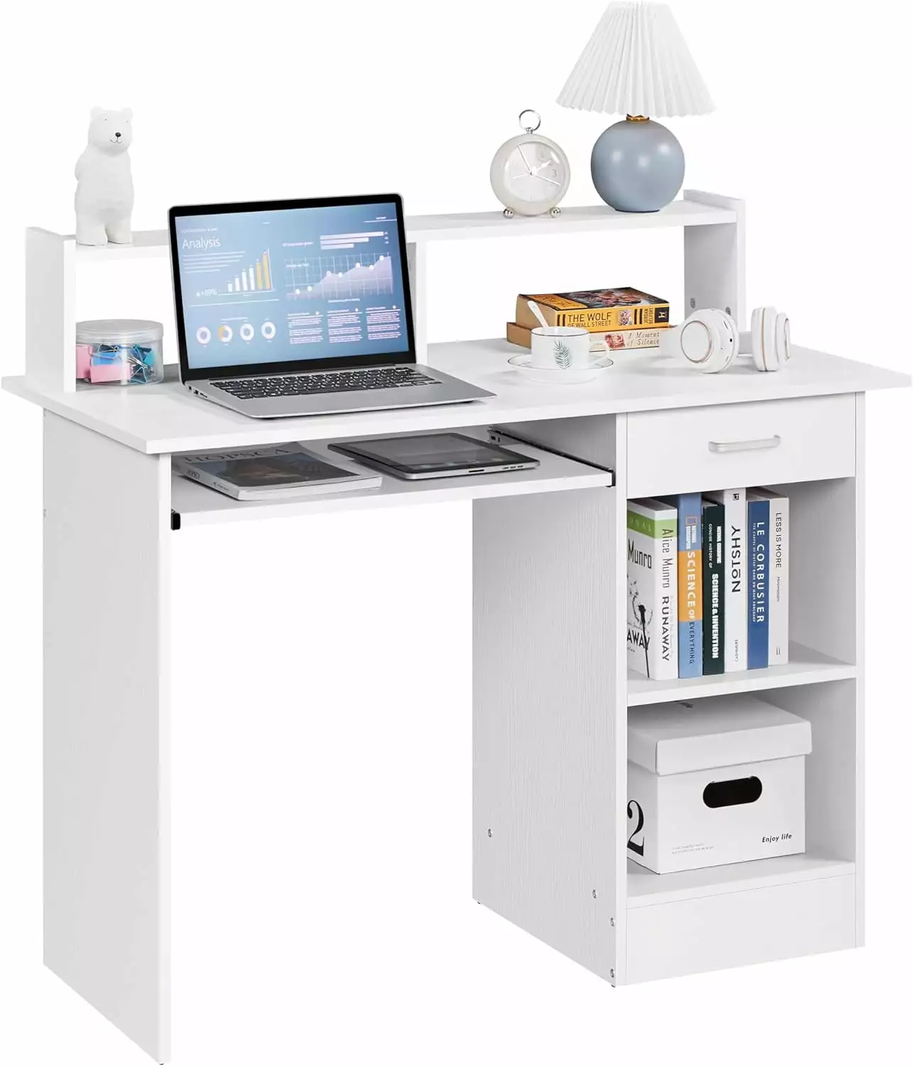 Home Office Wood Computer Desk Keyboard Tray Drawers Hutch Modern Workstation White B&B Charcoal
