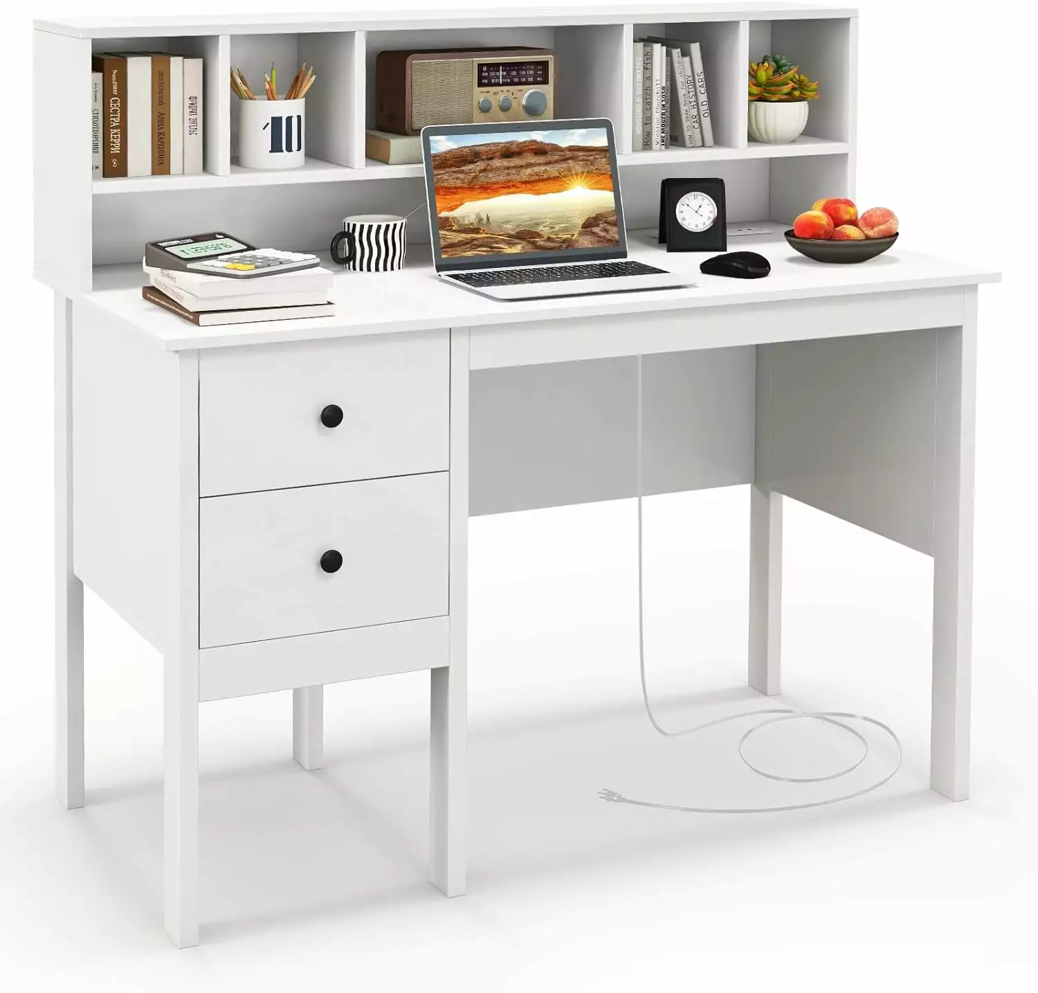 White Desk Drawers and Power Outlet 48 Inch Home Office Computer Desk 5-Cubby Hutch B&B Charcoal
