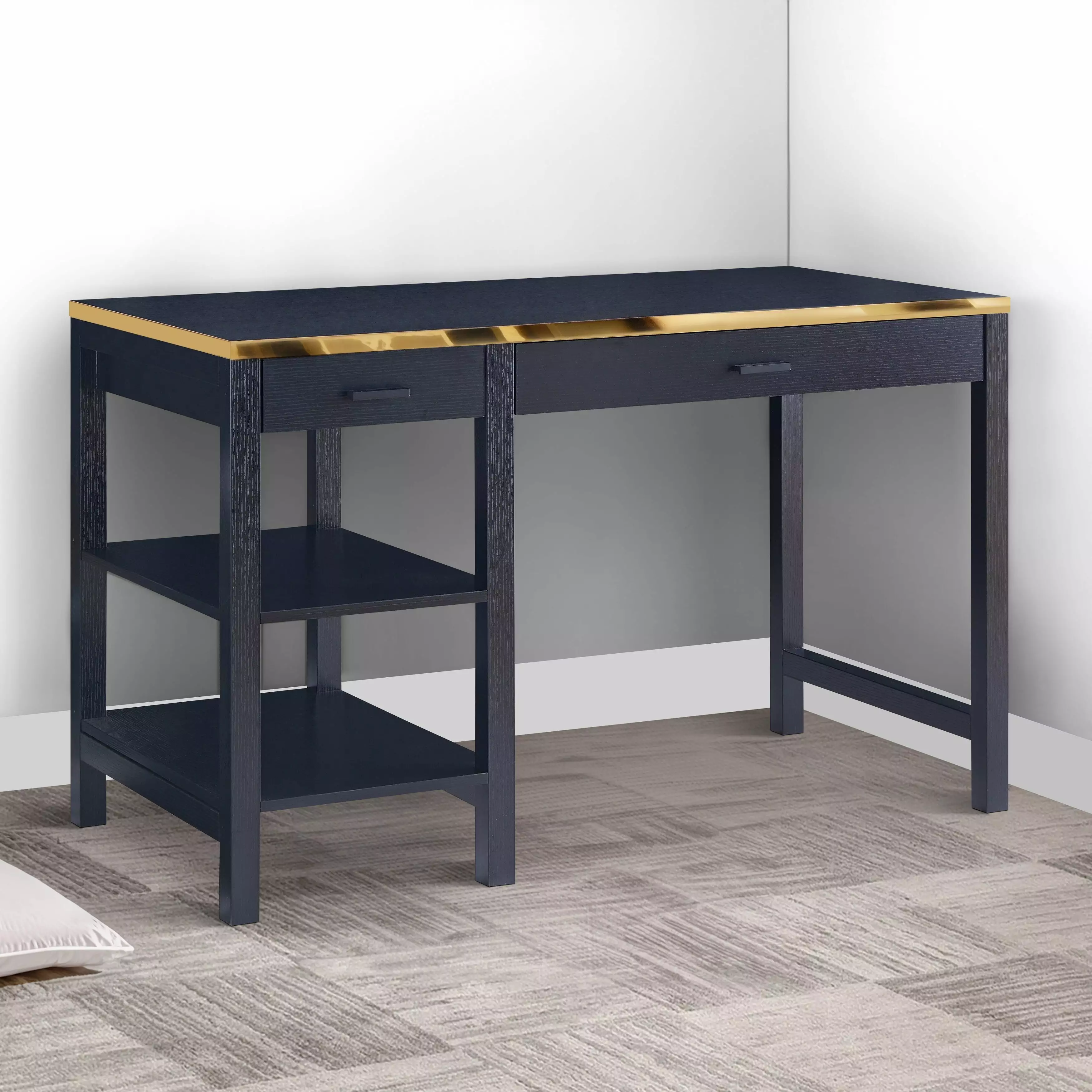 2 Drawer Rectangular Desk 2 Open Shelves Black and Gold Bed Bath & Beyond