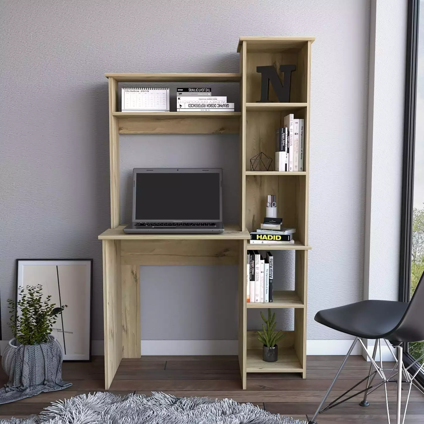 Boahaus Yerevan Modern Computer Desk 5 Open Shelves Brown Study Workstation