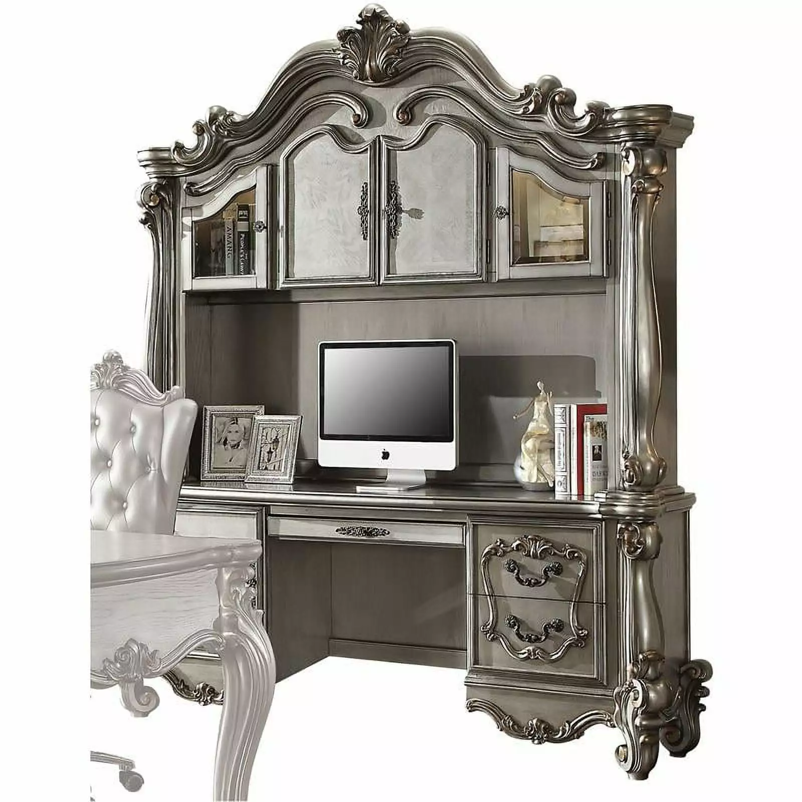 Bowery Hill Traditional Wooden Computer Desk and Hutch Antique Platinum Gray