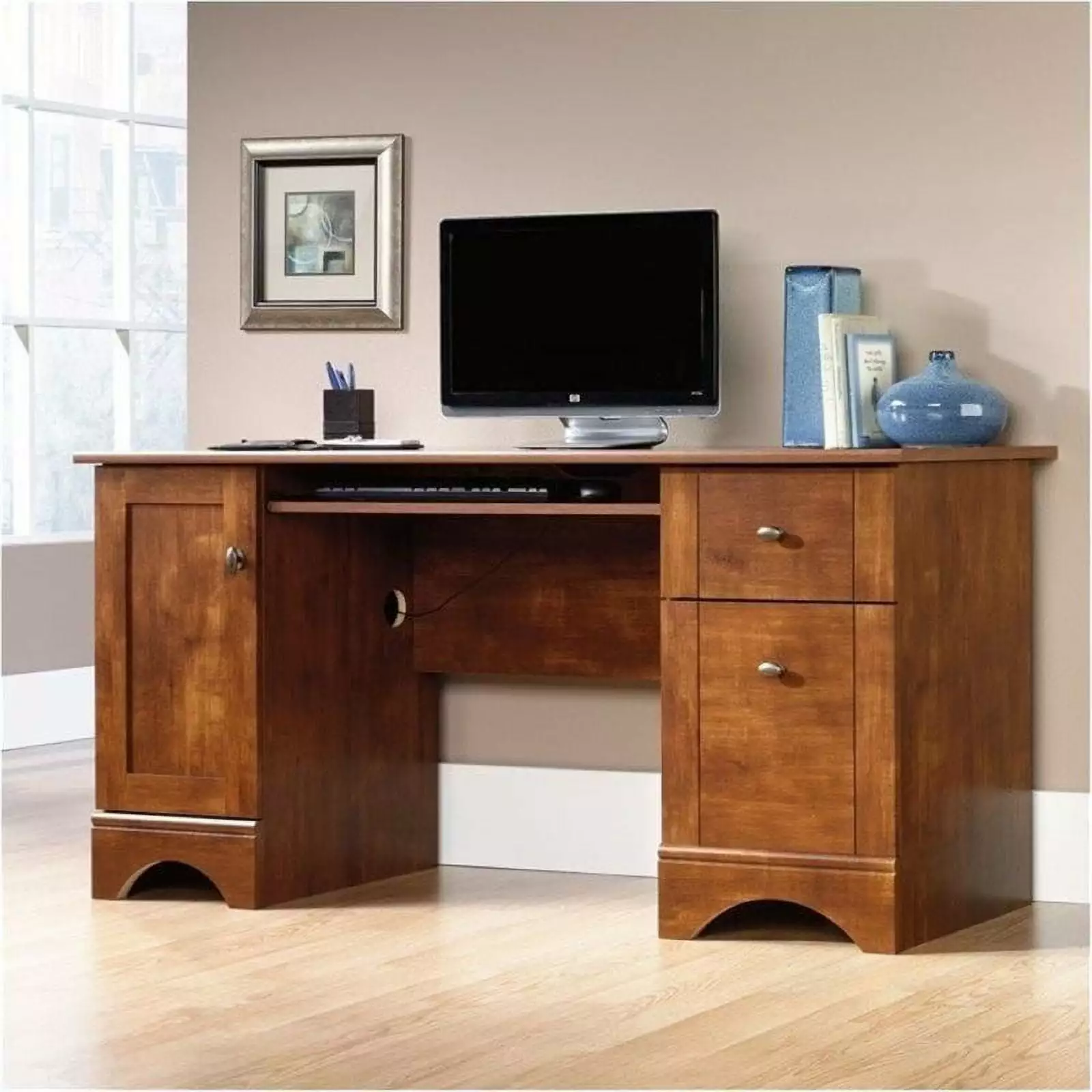 Bowery Hill Wood Home Office Computer Desk Tower Drawer Brushed Maple