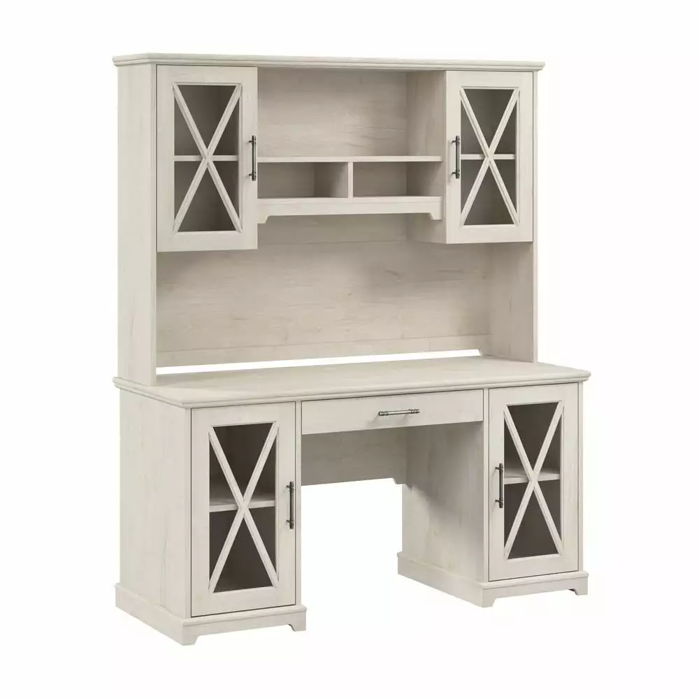Lennox Desk Hutch and Keyboard Tray Linen White Oak Engineered Wood Bush Furniture