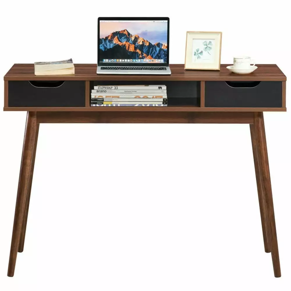 Canddidliike Walnut Stylish Computer Desk 2 Drawers and Solid Wood Legs - Gaming Workstation