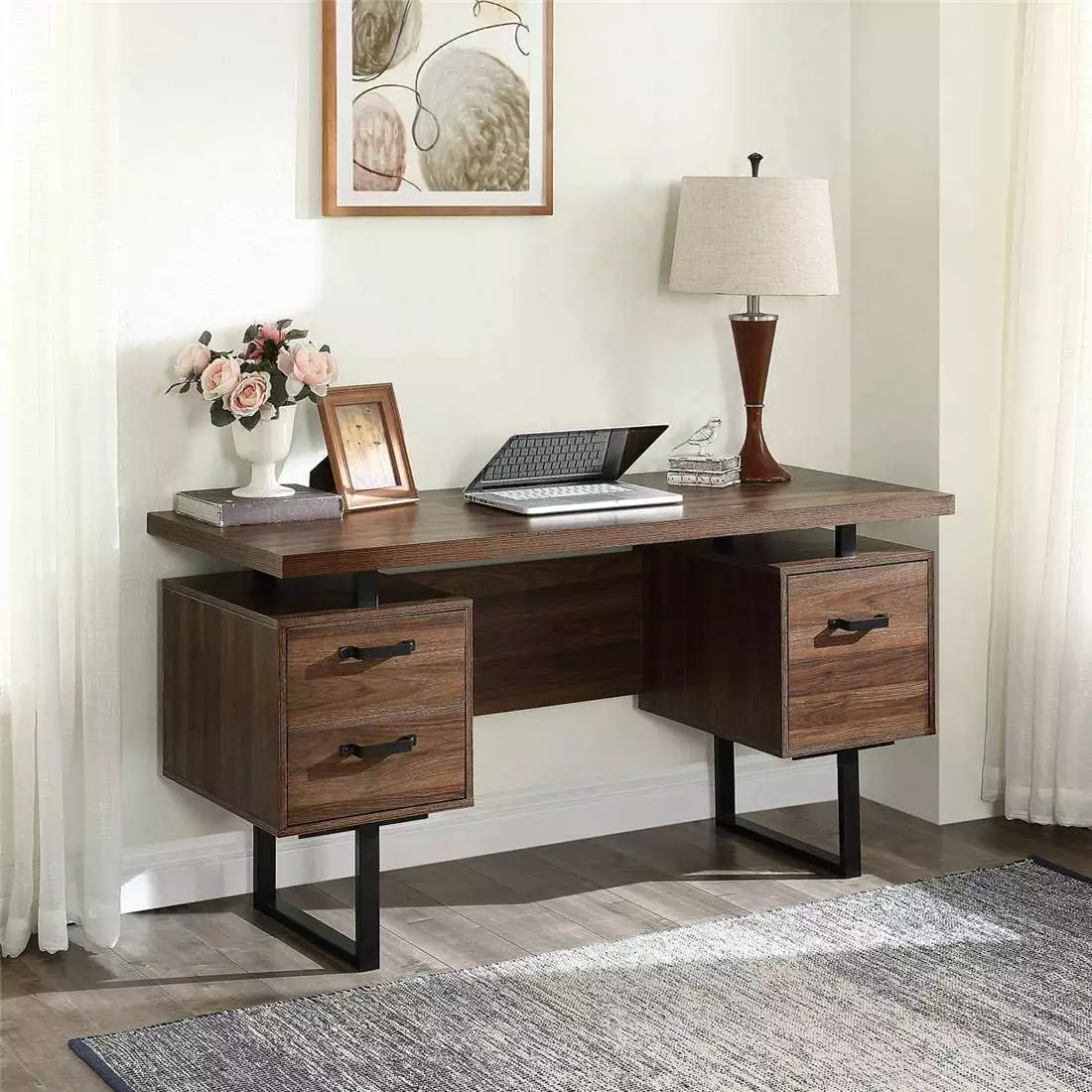 59 Inch Walnut Home Office Computer Desk Drawers Hanging Letter-Size Files Writing Study Table Churanty