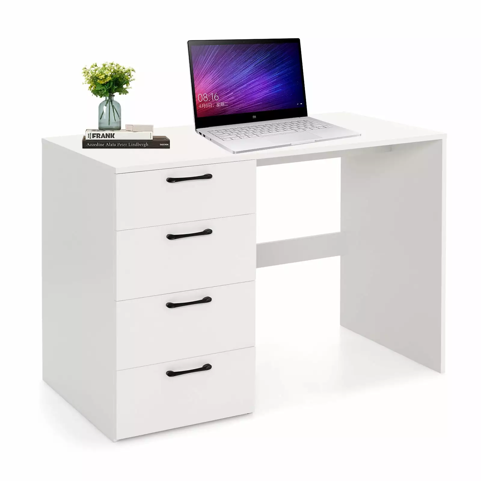 Coelon Modern White 4-Drawer Computer Desk - Home Office Desk Storage