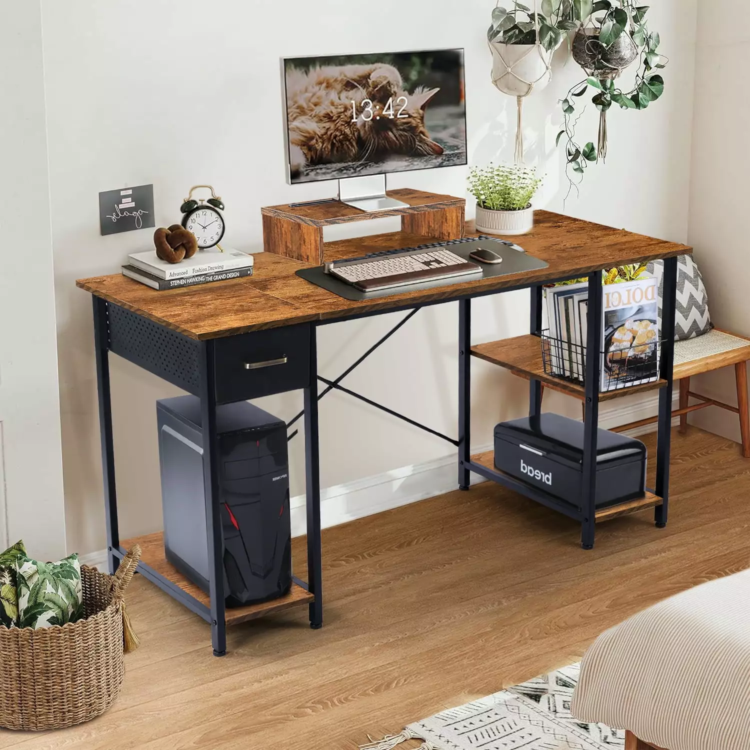 Coliware 55.1 Inch Modern Computer Desk Monitor Stand and Storage Drawer
