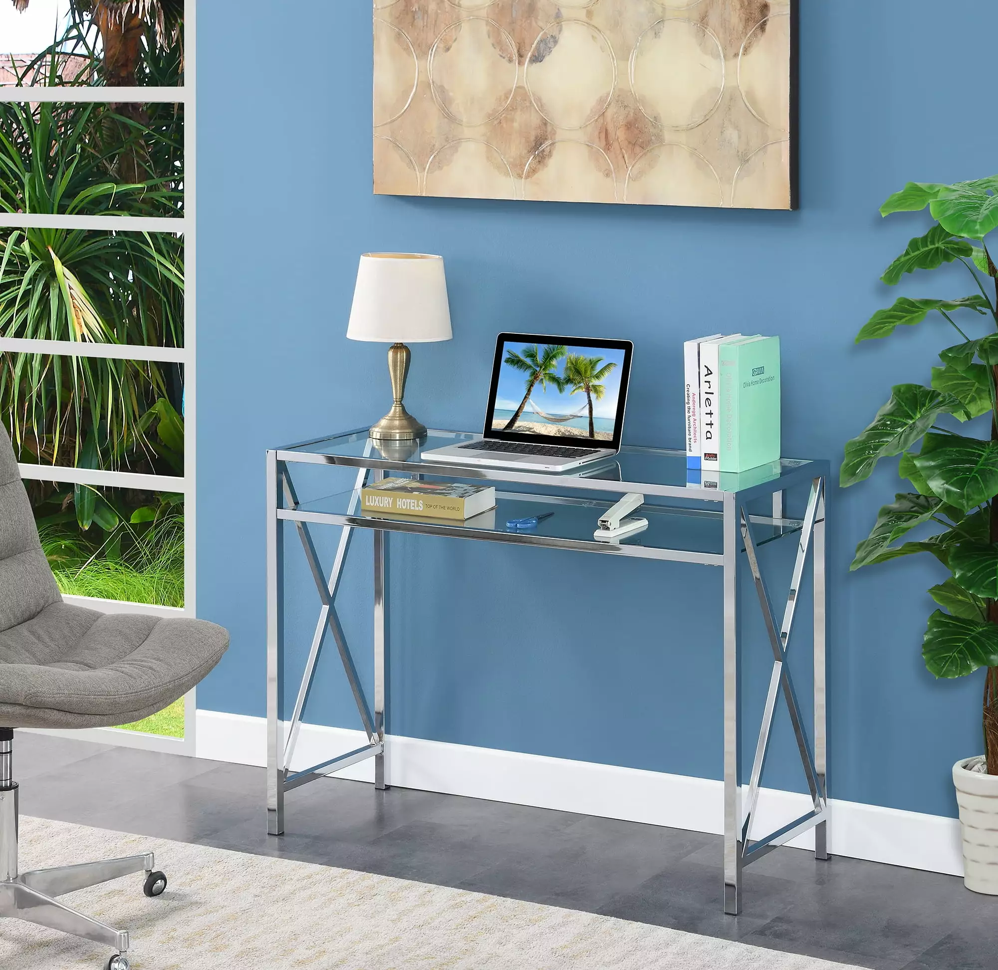 Convenience Concepts Oxford Chrome 42-inch Glass Desk Shelf