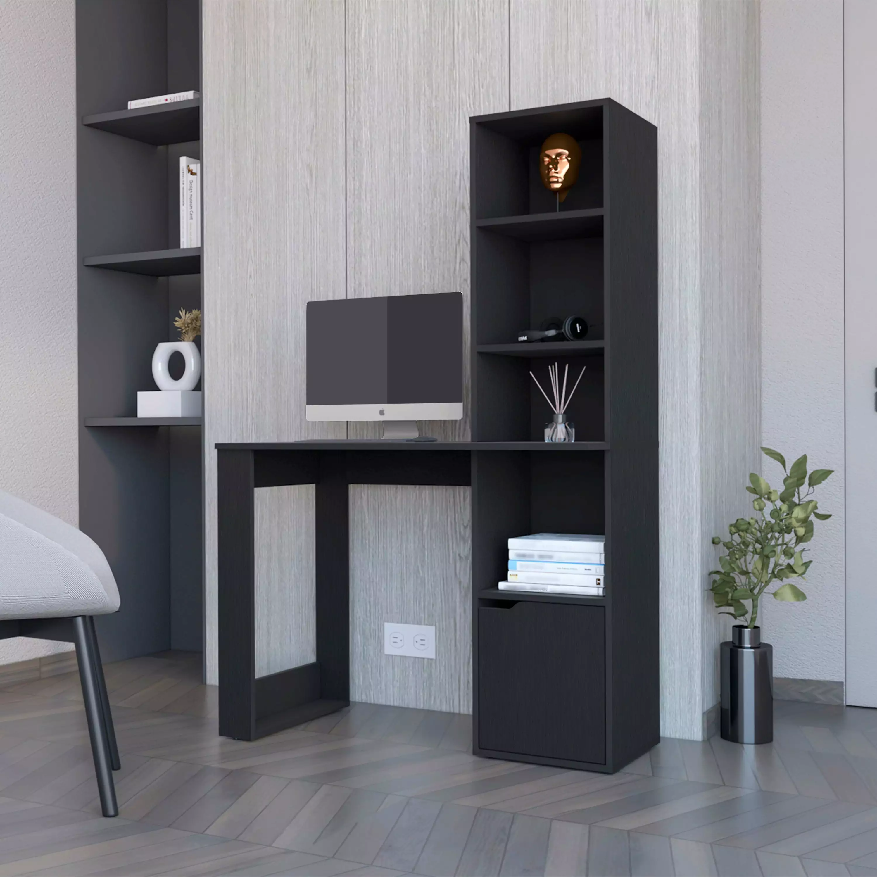 CoSoTower Computer Desk 4-Tier Bookcase and 1-Door Cabinet Black