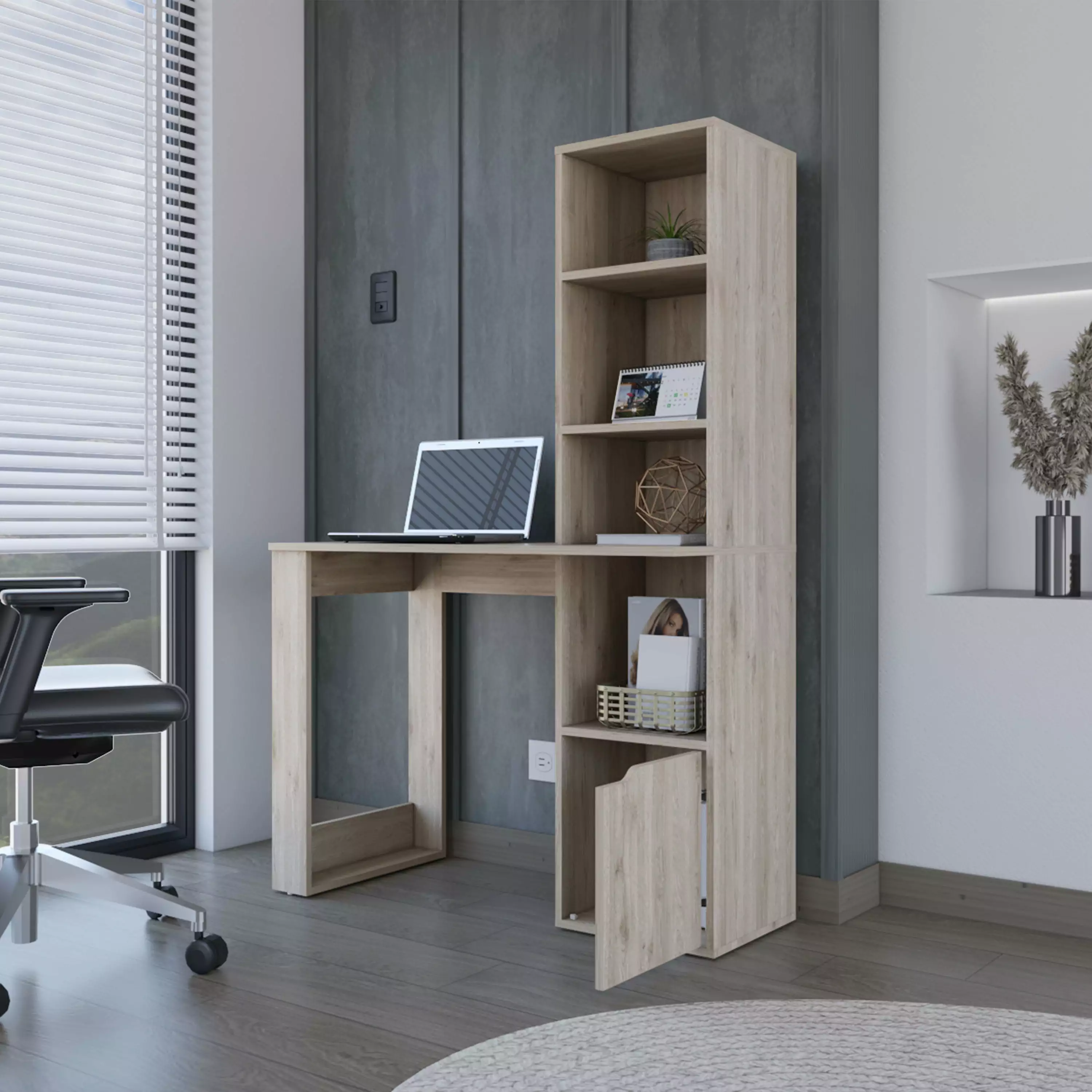 CoSoTower Computer Desk Single Door Cabinet and 4-Tier Shelf Light Gray Finish