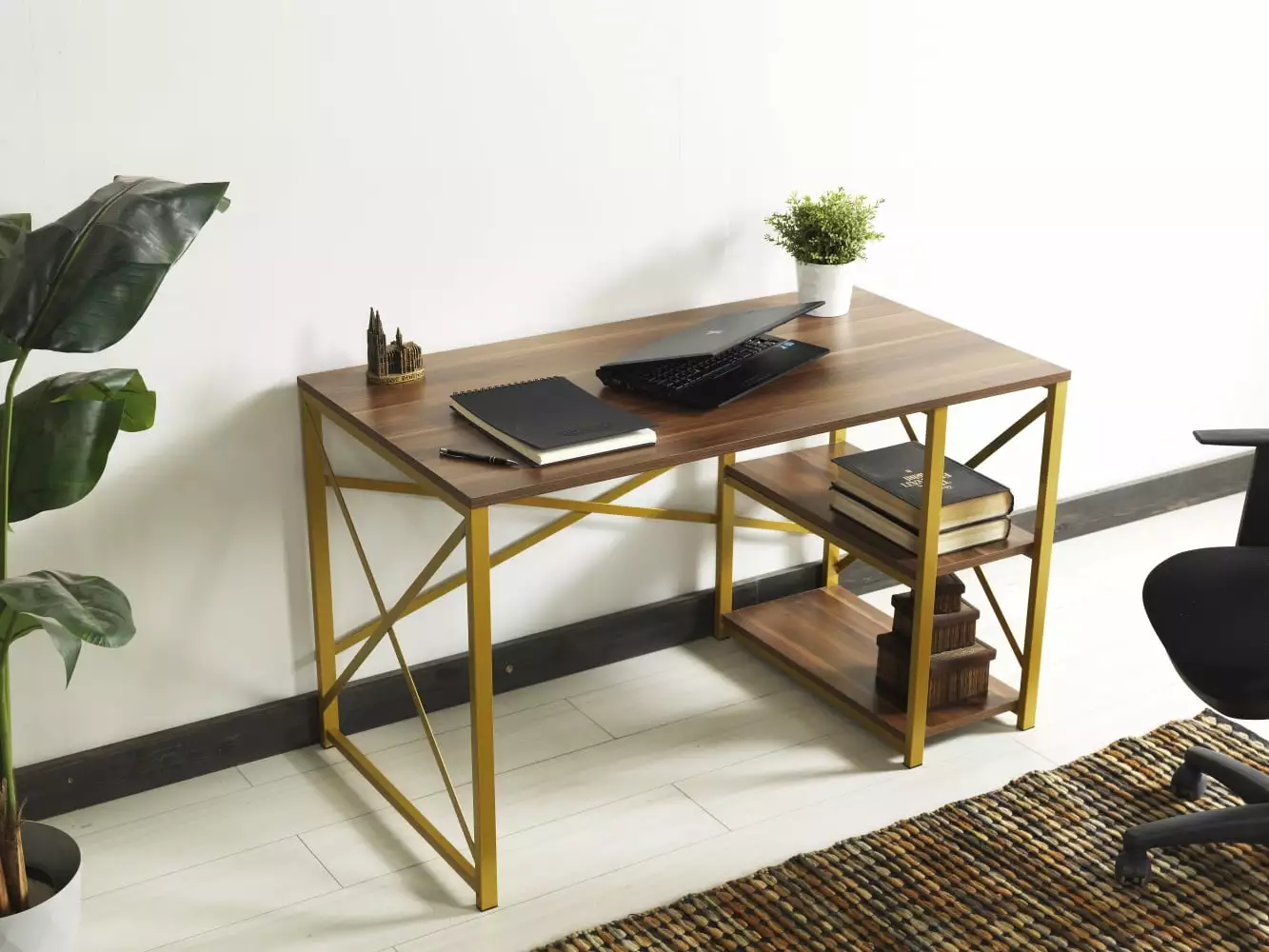 CoSoTower Gold Metal Frame 47 Wooden Top 2 Shelves Writing Computer Desk White