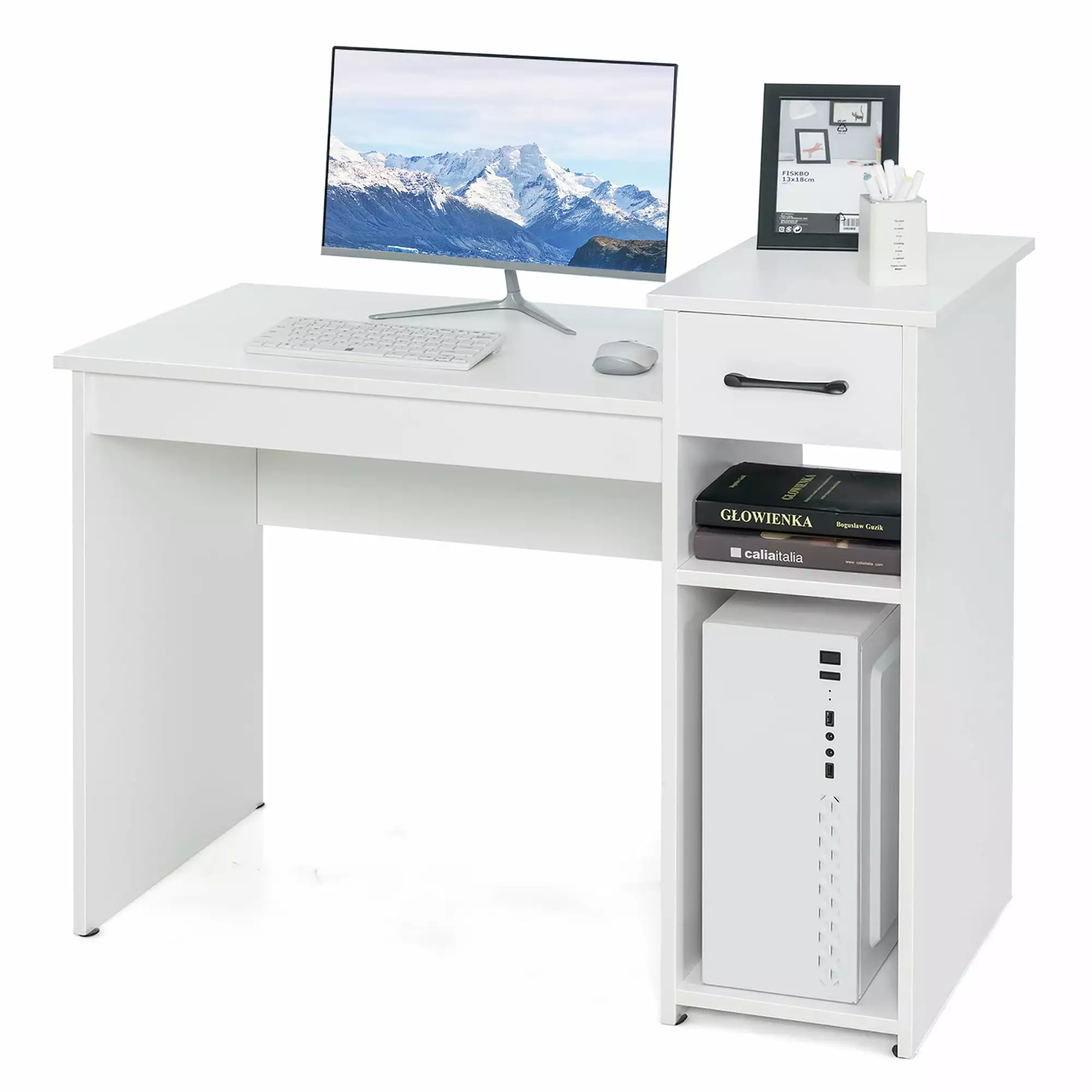 Costway Home Office Computer Desk White Study Desk Drawer Storage Shelf Laptop Table
