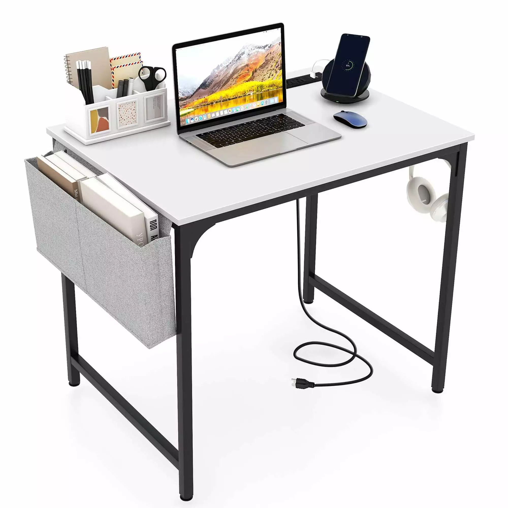 Costway 32 Inch Computer Desk Small Charging Station Storage Bag Headphone Hook